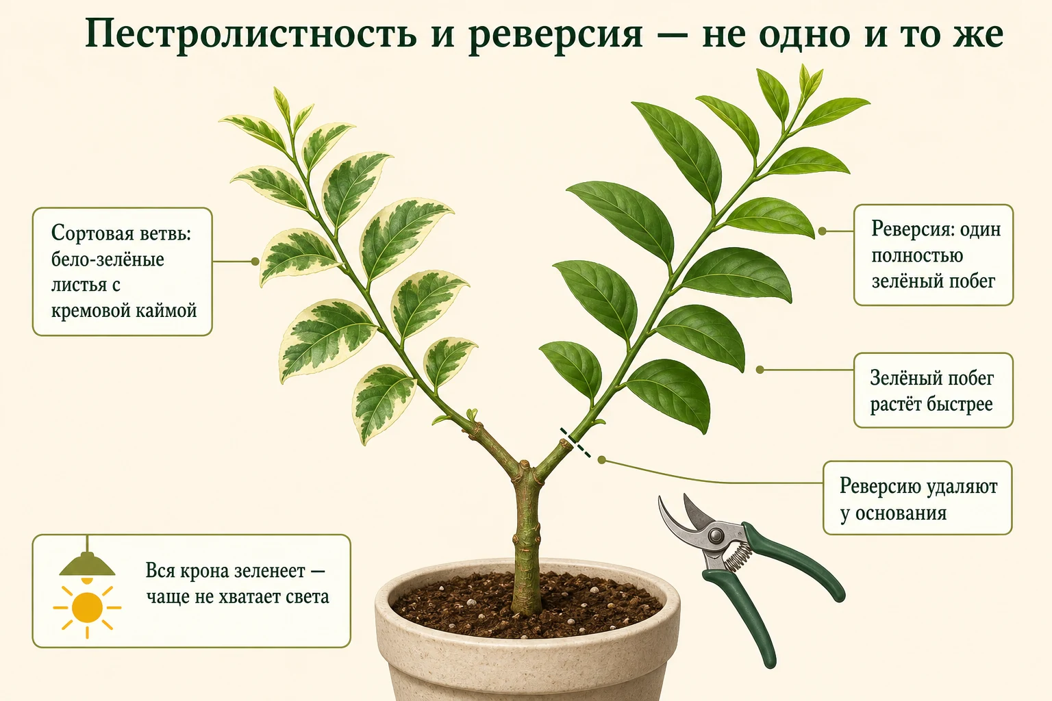 Природная пестролистность лайма Таити и отдельный полностью зелёный побег реверсии на разных ветвях.