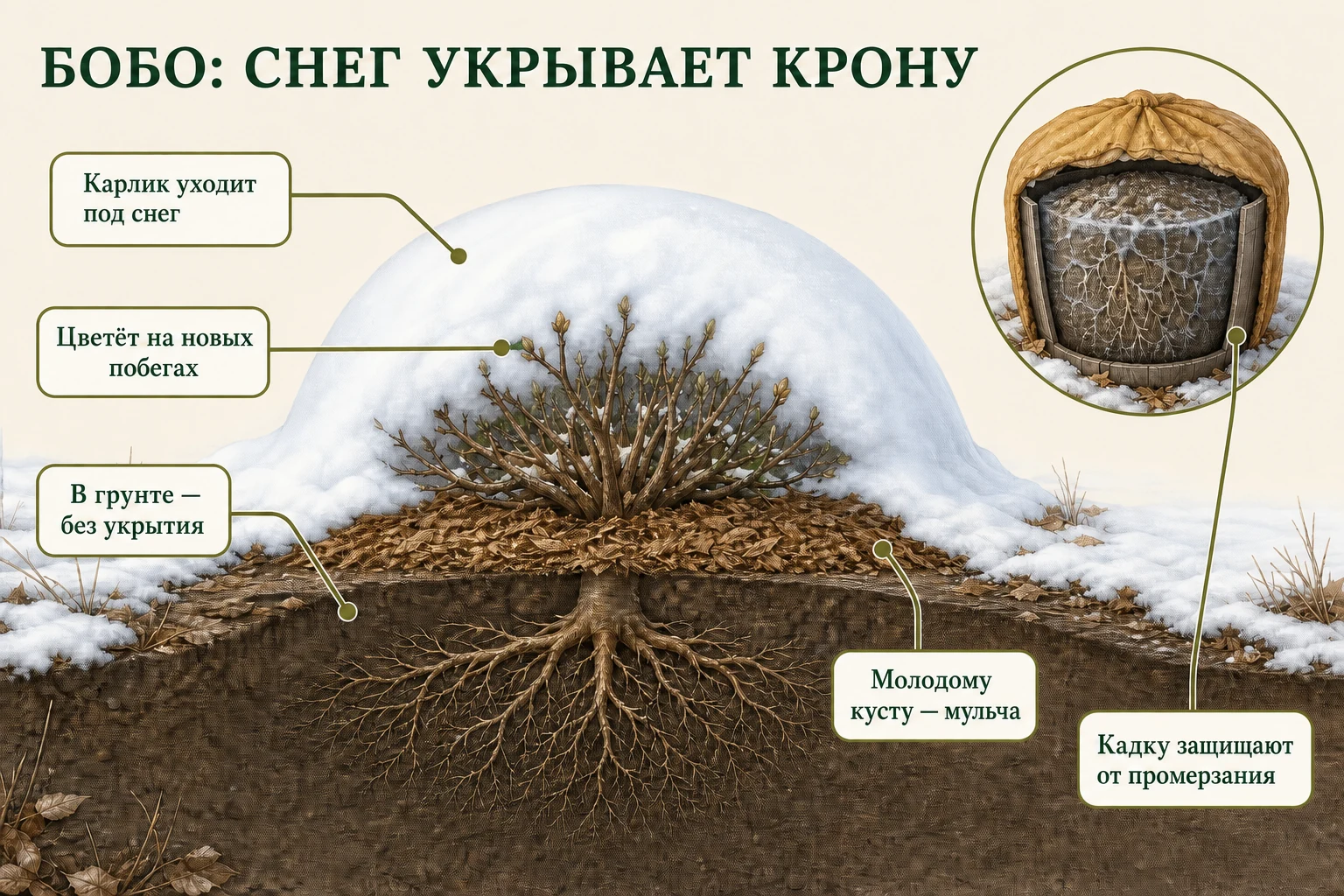 Карликовая крона Бобо под снежным куполом, мульча у корней и защищённая от промерзания кадка.