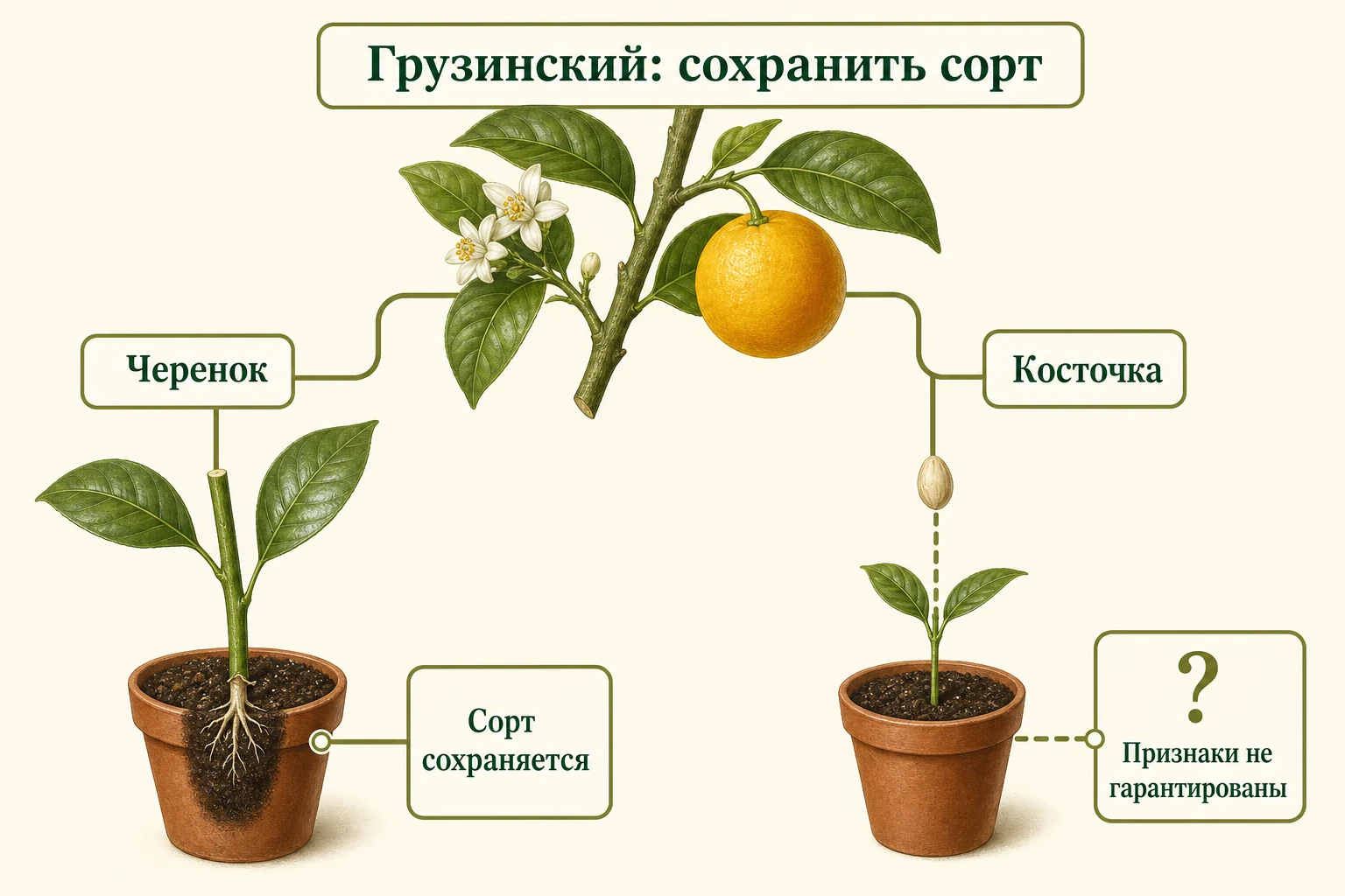Сравнение черенка, сохраняющего признаки Грузинского лимона, и сеянца из косточки с непредсказуемыми признаками.