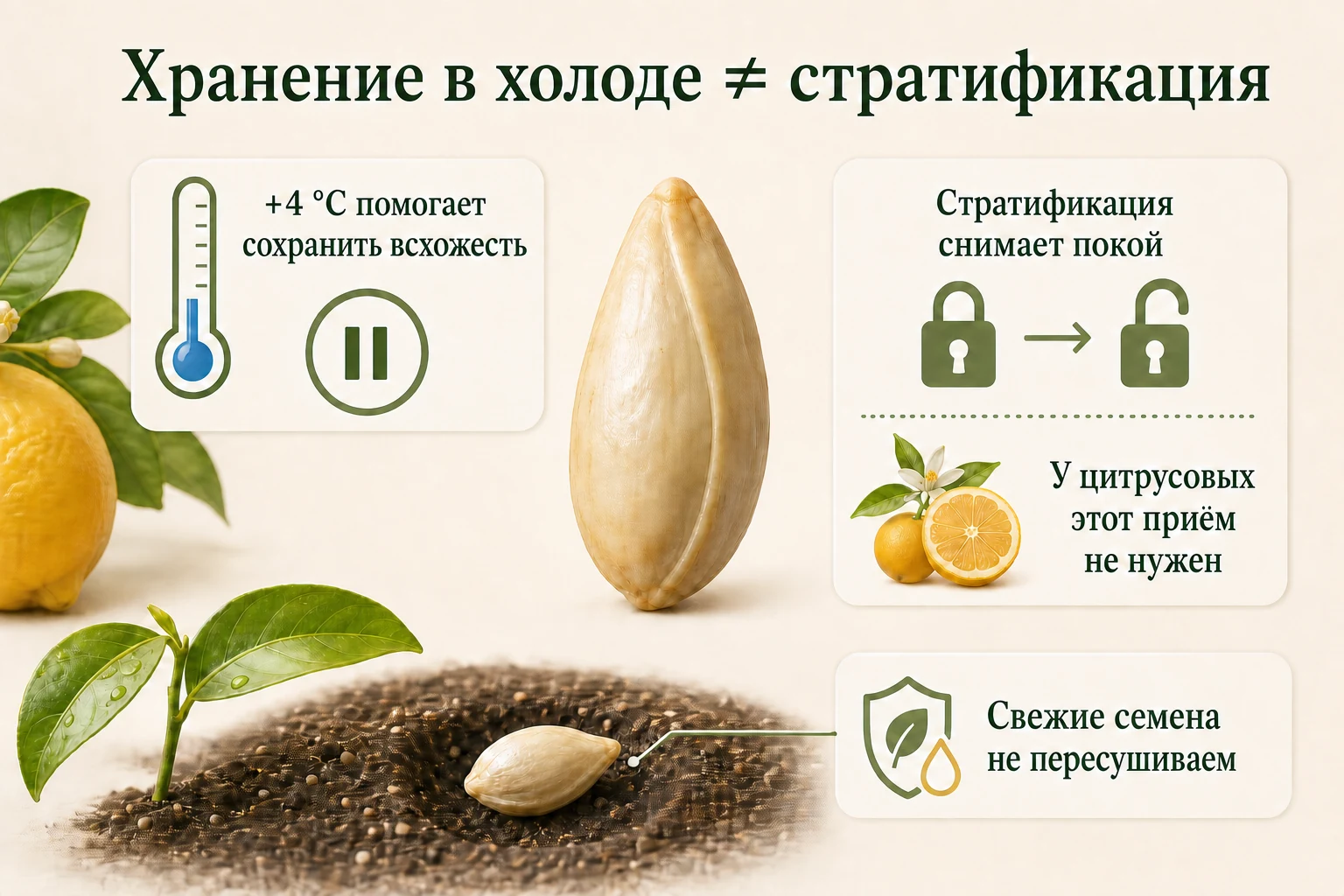Холодное хранение семян цитрусовых при плюс четырёх градусах сохраняет всхожесть, но не является стратификацией.