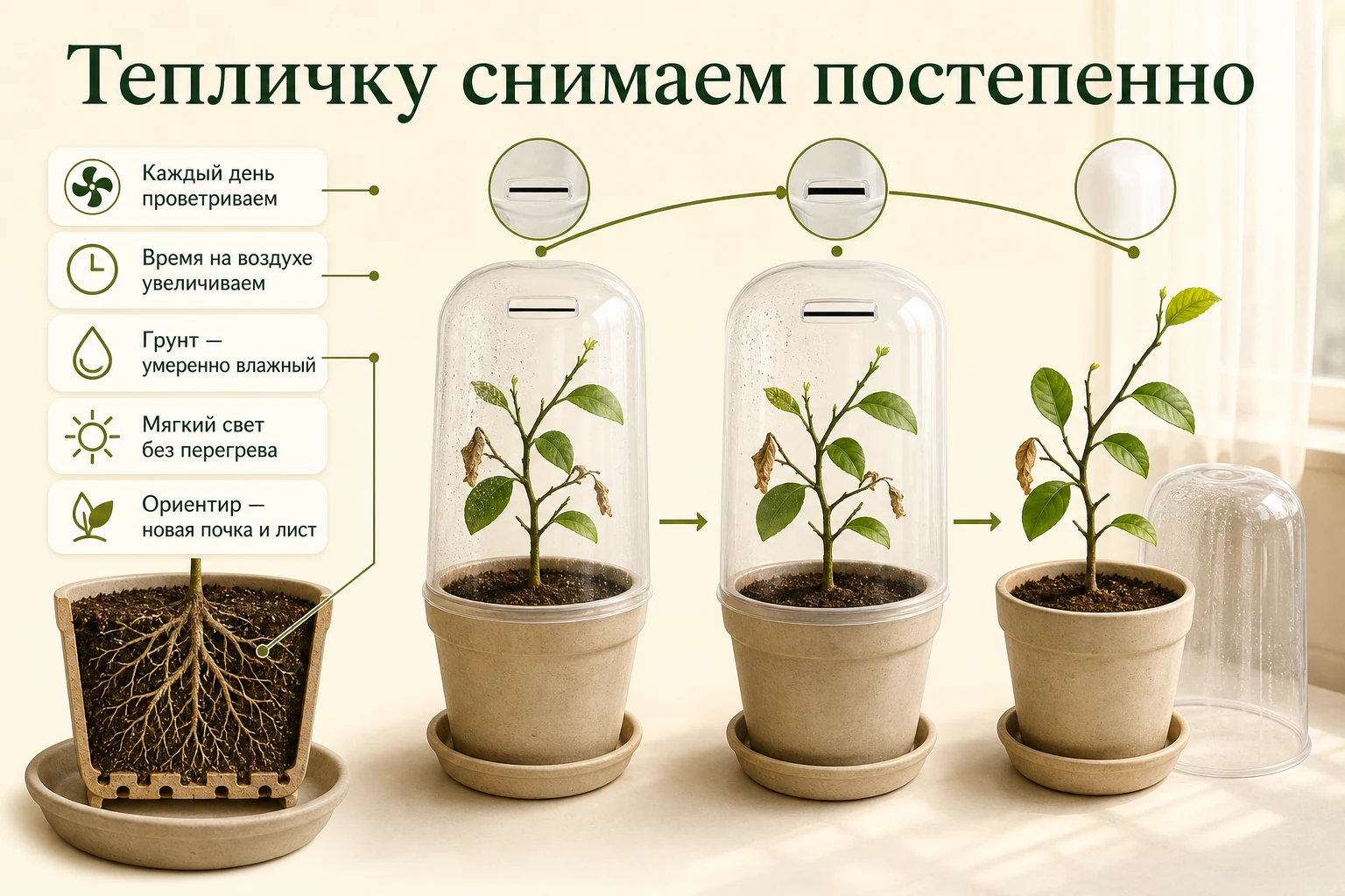 Тепличку с засушенного лайма снимают постепенно, ежедневно увеличивая проветривание и наблюдая за новой почкой.