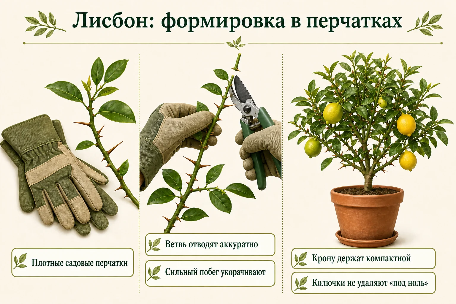 Формировка колючей кроны Лисбона в плотных перчатках с аккуратным укорачиванием сильного побега.