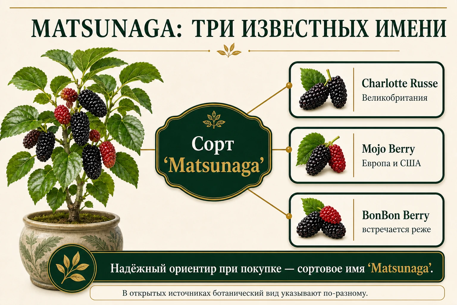 Одна ветвь шелковицы Matsunaga с торговыми именами Charlotte Russe, Mojo Berry и BonBon Berry.