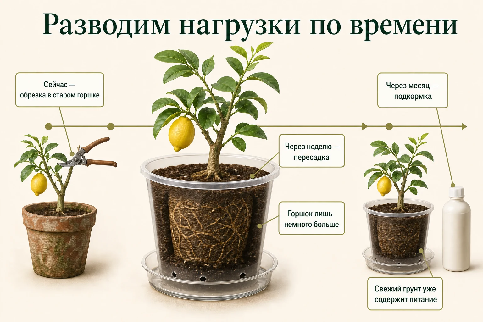 Обрезку делают в старом горшке, через неделю пересаживают, а подкормку откладывают примерно на месяц.