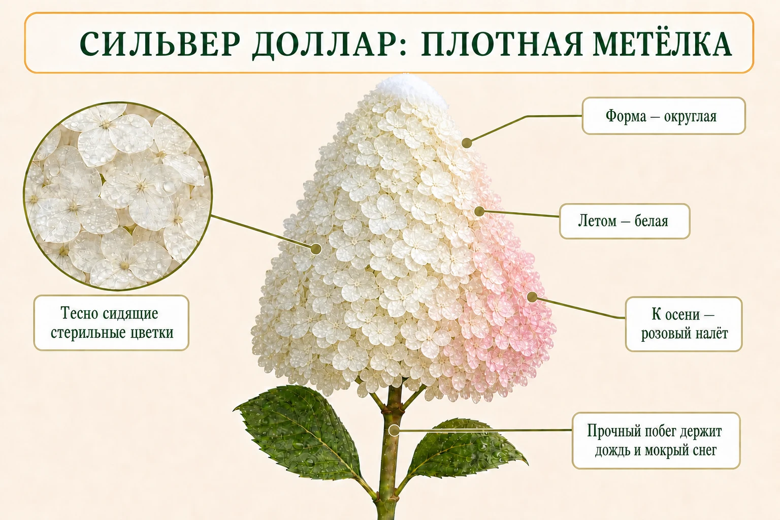 Плотная округлая метёлка Сильвер Доллар на прочном побеге с макро-вставкой тесно сидящих стерильных цветков.