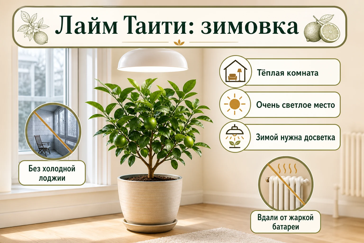 Здоровый лайм Таити зимует в тёплой светлой комнате под фитолампой, вдали от холодной лоджии и батареи.