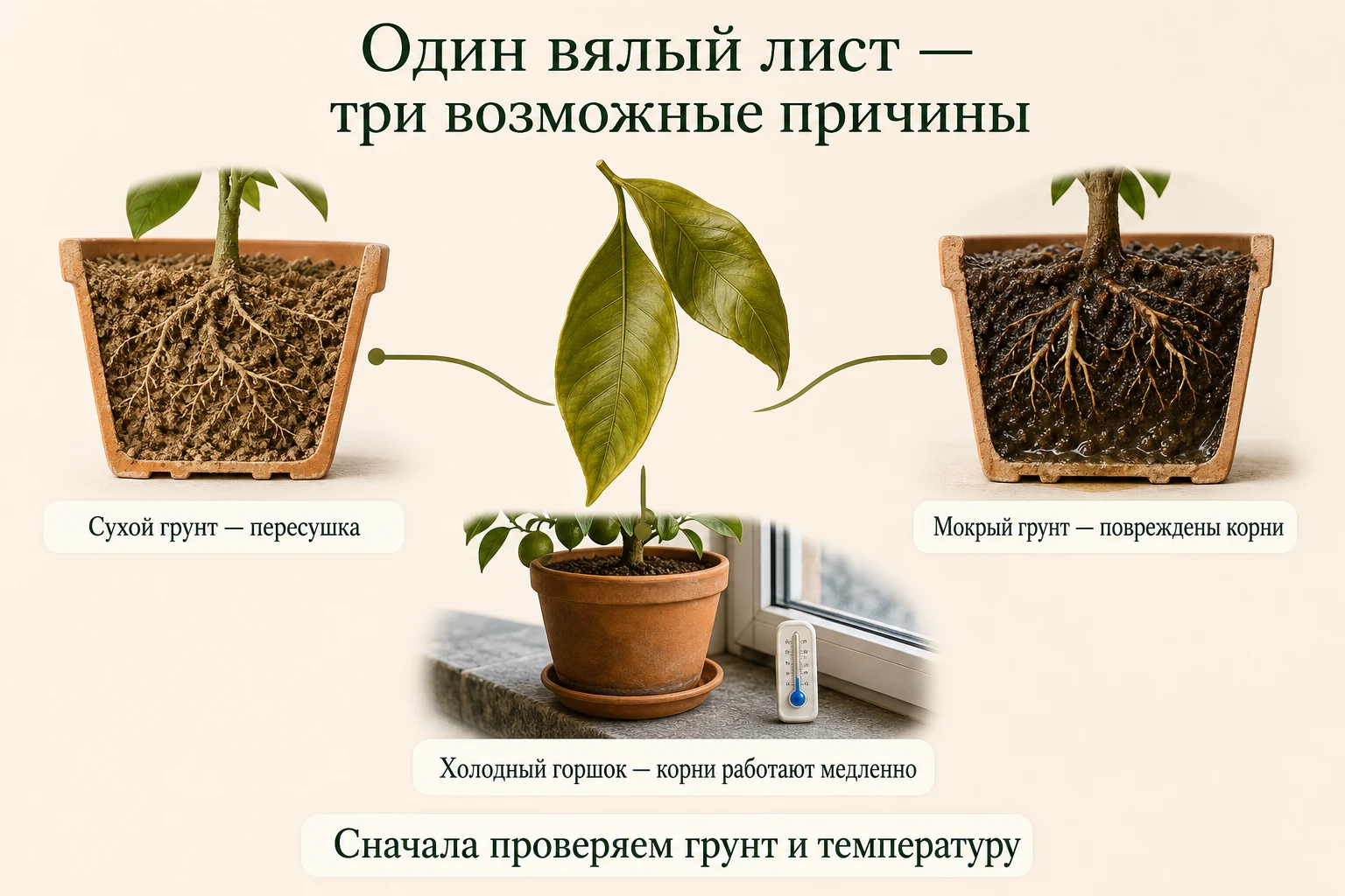 Одинаково вялый лист может указывать на сухой грунт, повреждённые корни в мокром грунте или холодную корневую зону.
