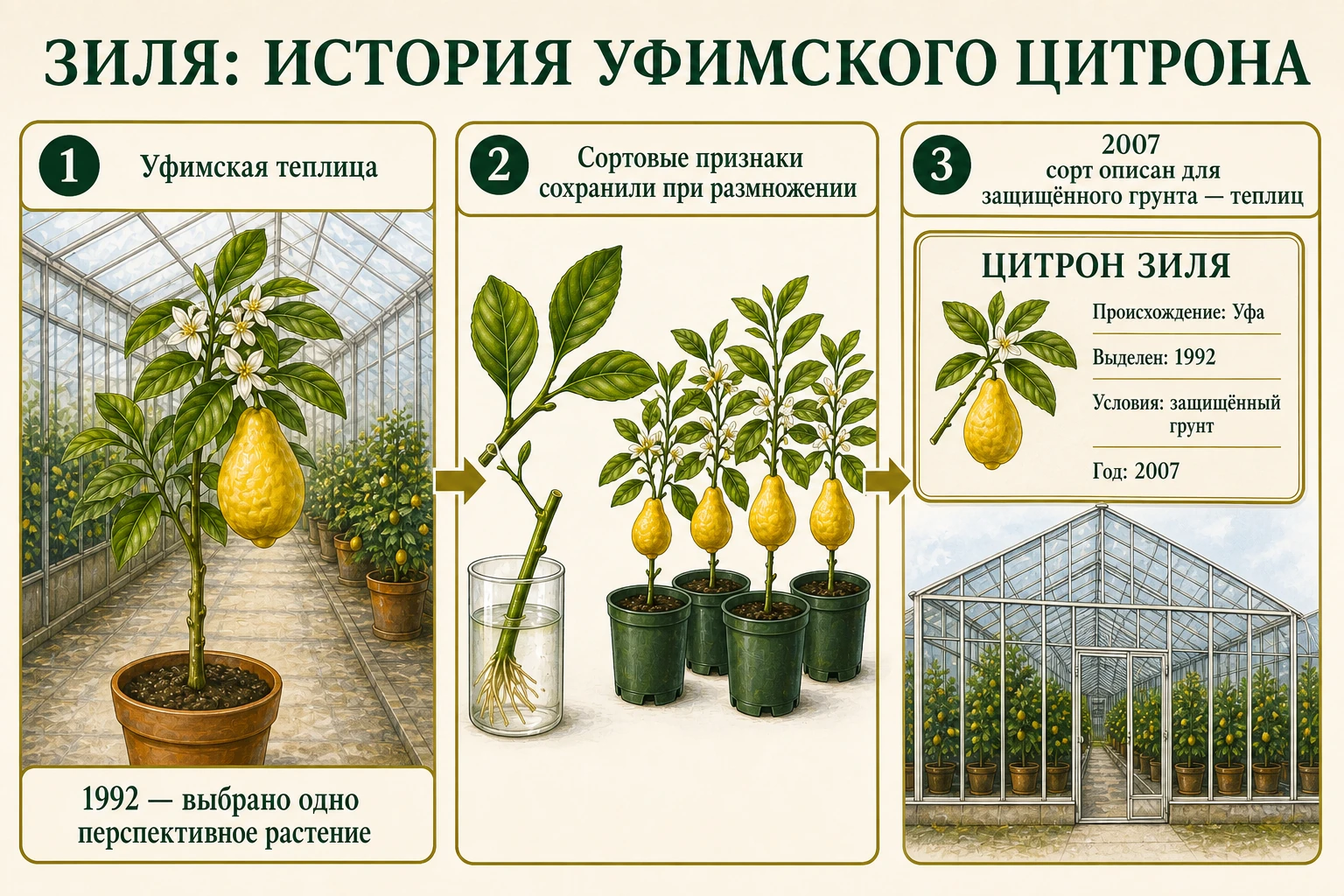 Путь цитрона Зиля от одного выделенного растения в уфимской теплице до зарегистрированного сорта защищённого грунта.