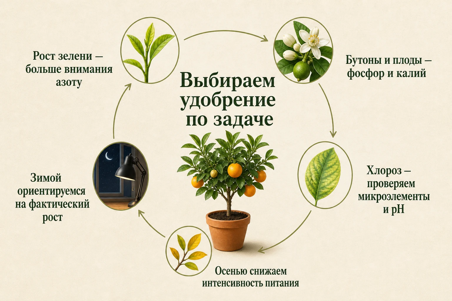 Выбор удобрения по задаче и сезону: наглядная схема для комнатных цитрусов