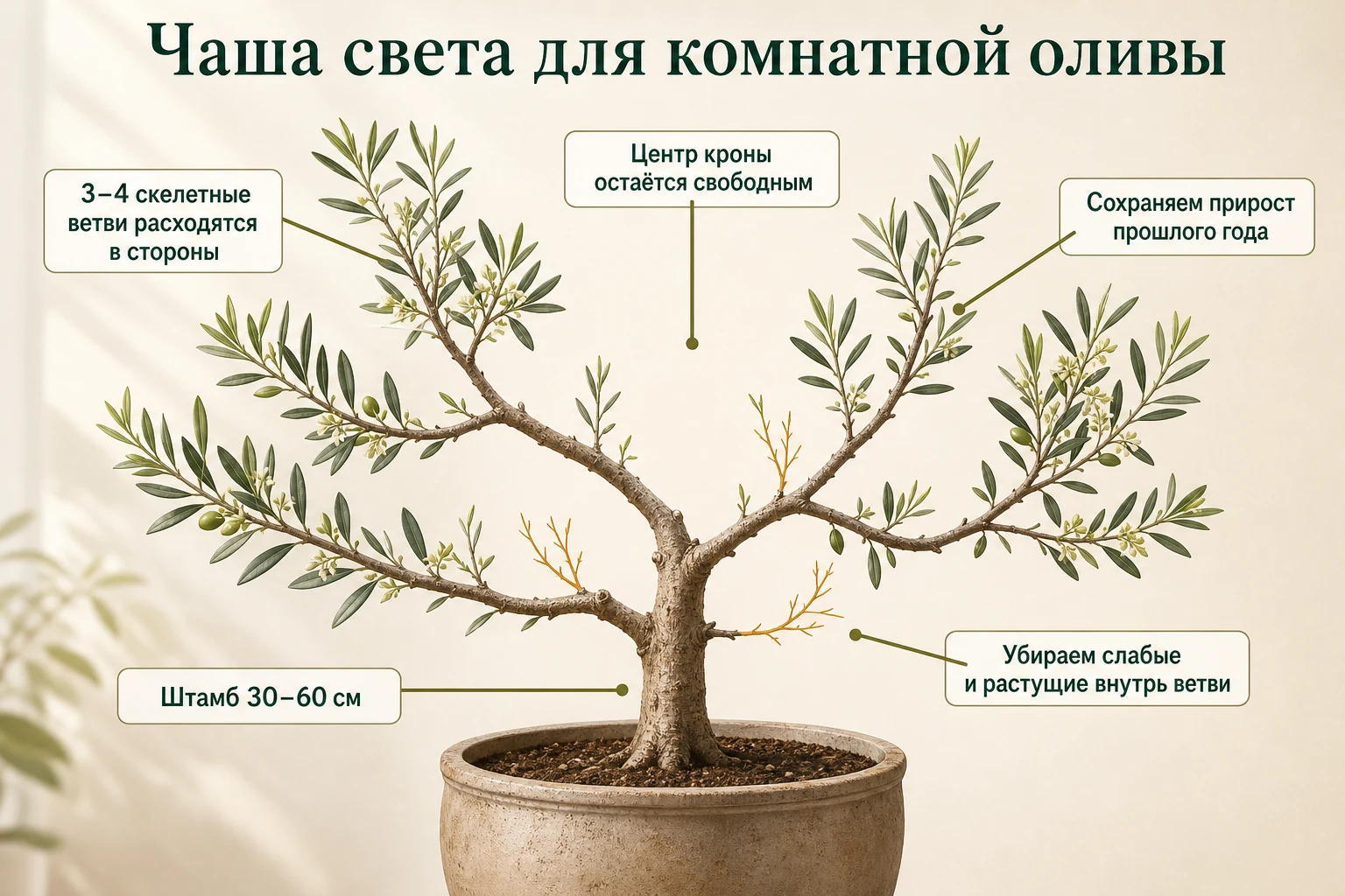 Открытая чашевидная крона комнатной оливы со штамбом 30–60 см и 3–4 скелетными ветвями.