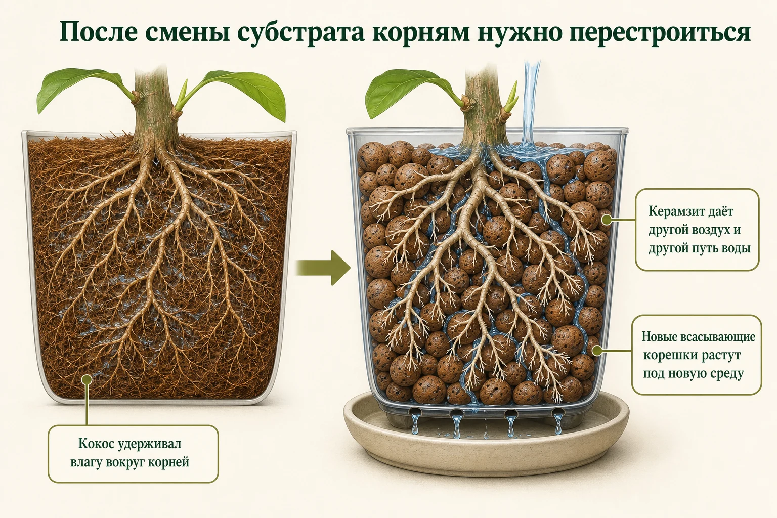 Корни грейпфрута перестраиваются после перехода из влагоёмкого кокоса в керамзит и отращивают новые всасывающие окончания.