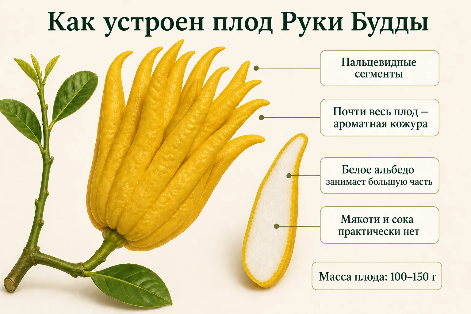 Строение плода цитрона Рука Будды: пальцевидные сегменты, толстая ароматная кожура и почти отсутствующая мякоть.