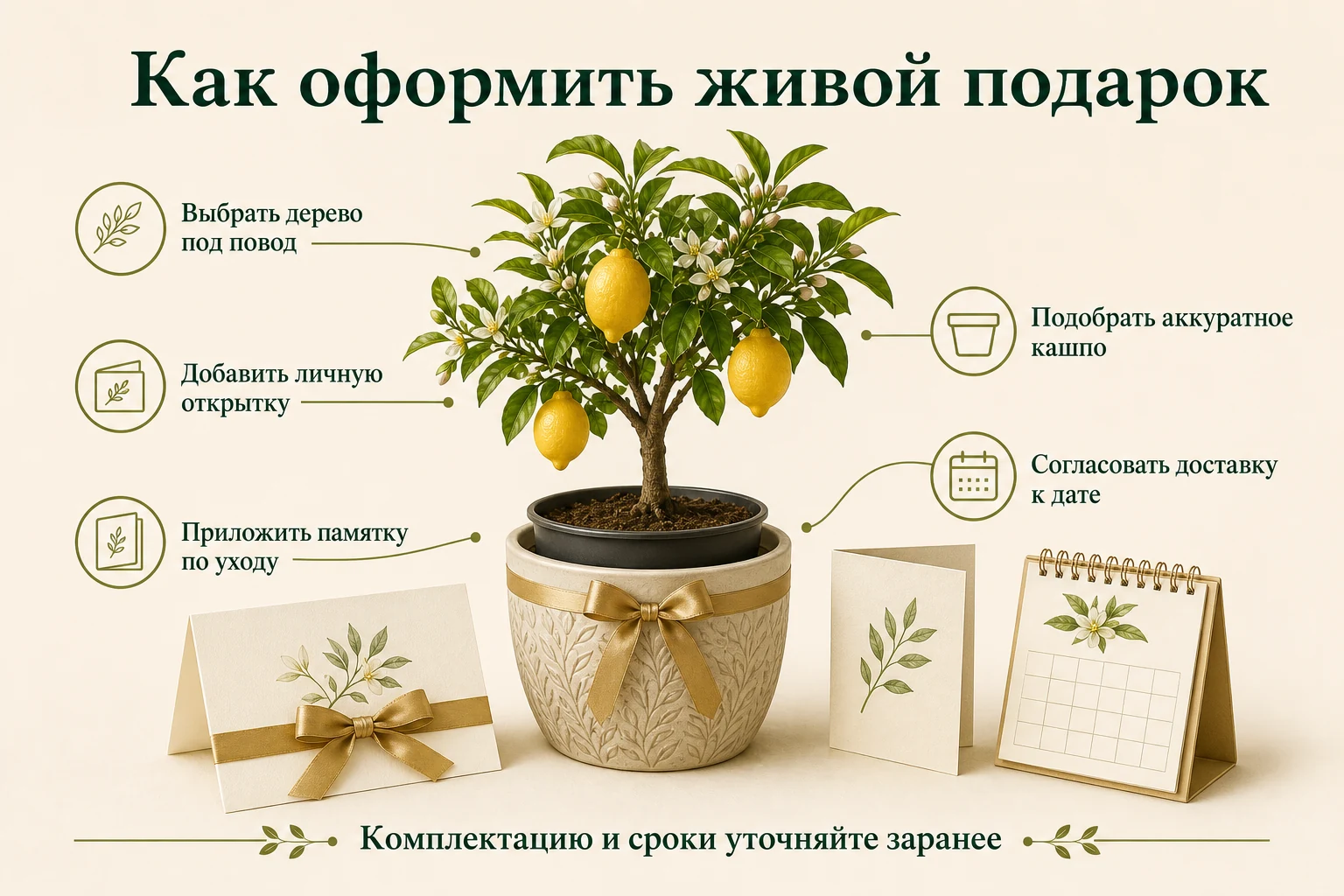 Оформление цитрусового дерева в подарок: декоративное кашпо, личная открытка, памятка по уходу и заранее согласованная дата доставки.
