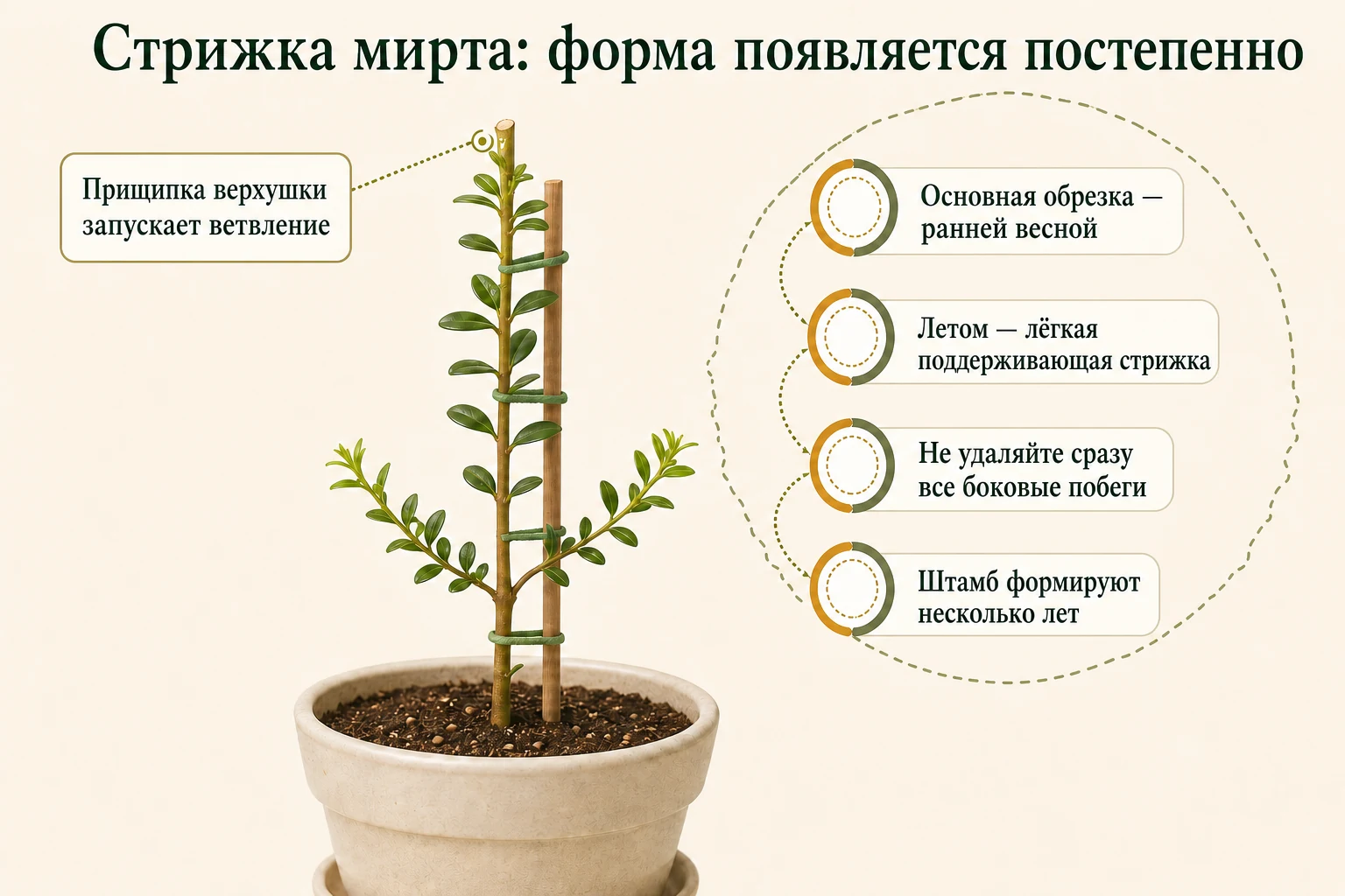 Схема постепенной формировки мирта: ранневесенняя обрезка, прищипка верхушки и рост боковых побегов из почек.
