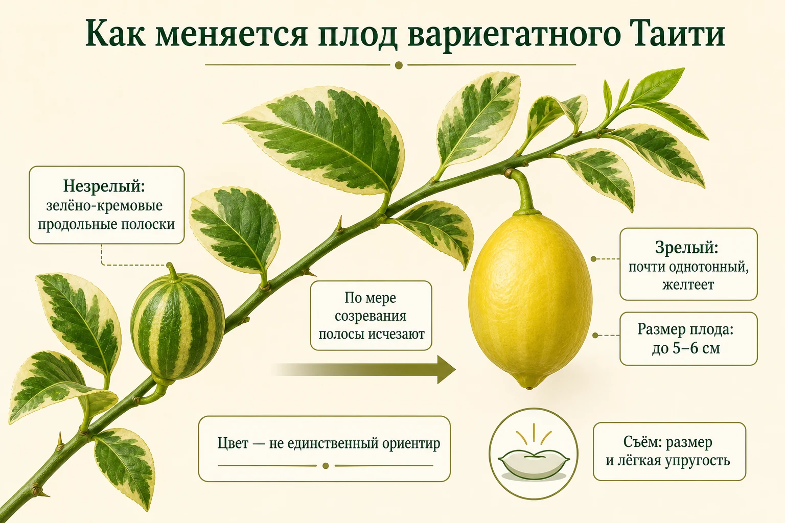 Незрелый полосатый и почти однотонный желтеющий плод вариегатного лайма Таити на одной ветви.
