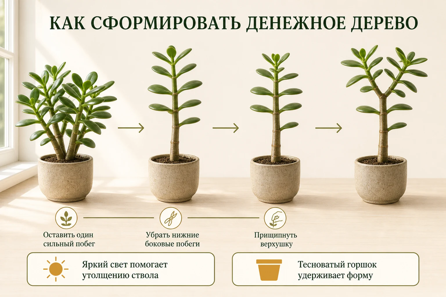 Четыре шага формировки толстянки овальной из куста в деревце с одним стволом.