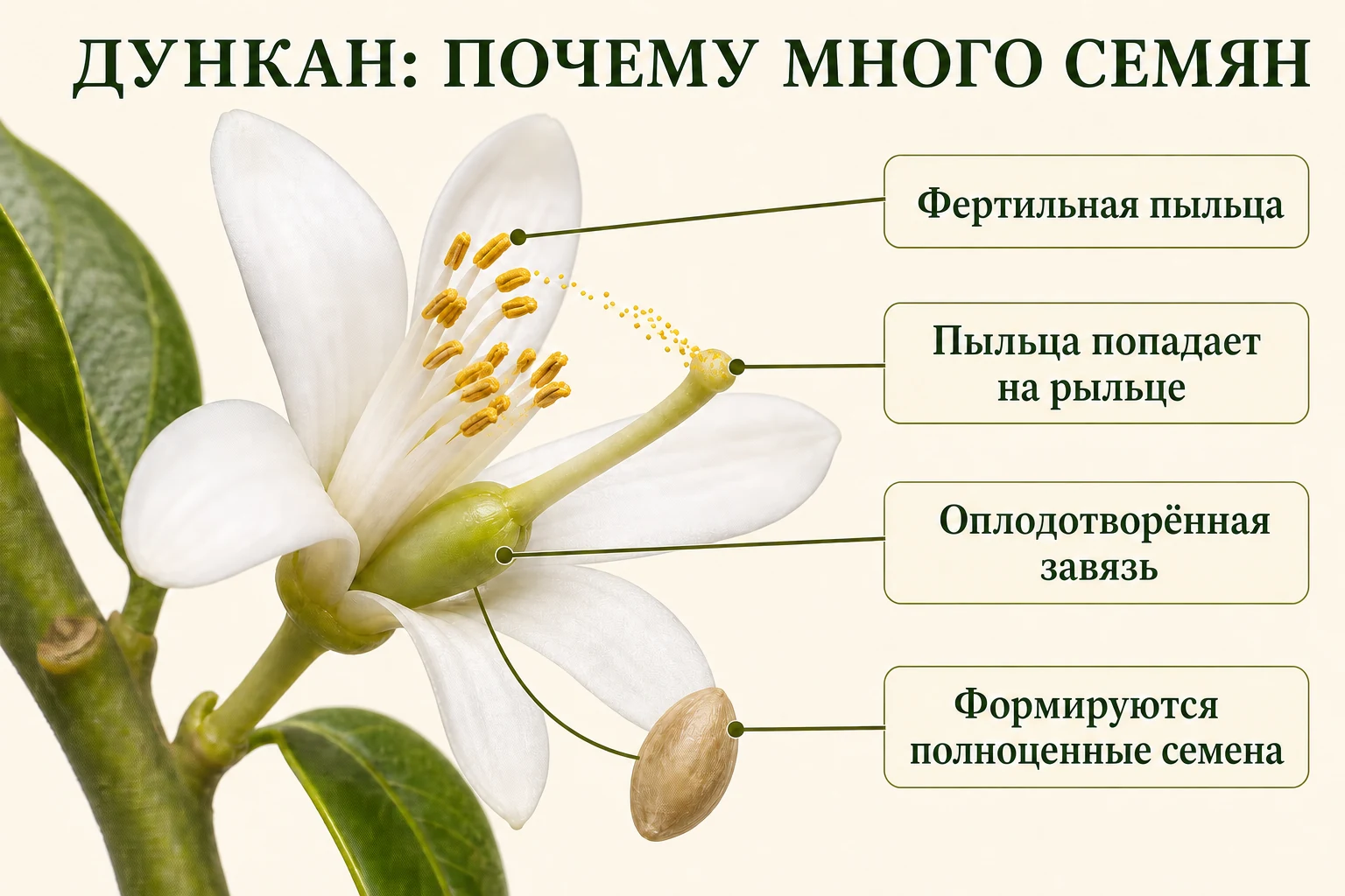 Цветок грейпфрута Дункан с переносом фертильной пыльцы на рыльце и связью с формированием семени.