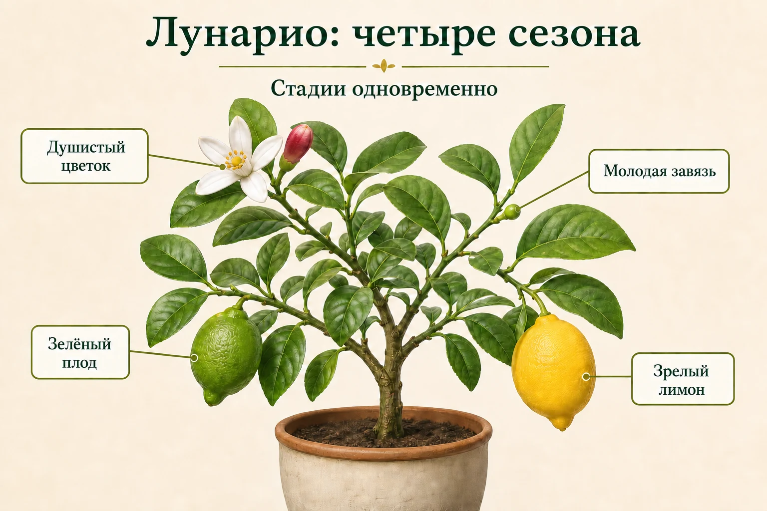 Цветок, завязь, зелёный и зрелый плод одновременно на одной кроне лимона Лунарио.