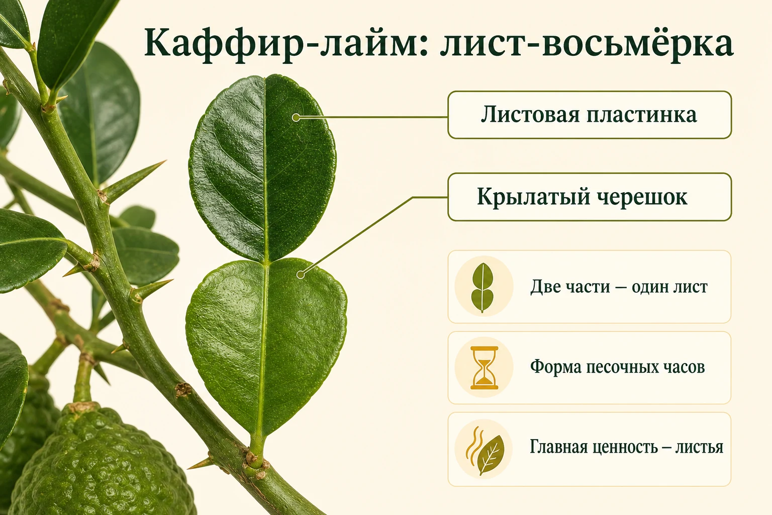Прикреплённый лист каффир-лайма в форме восьмёрки: листовая пластинка и широкий крылатый черешок.