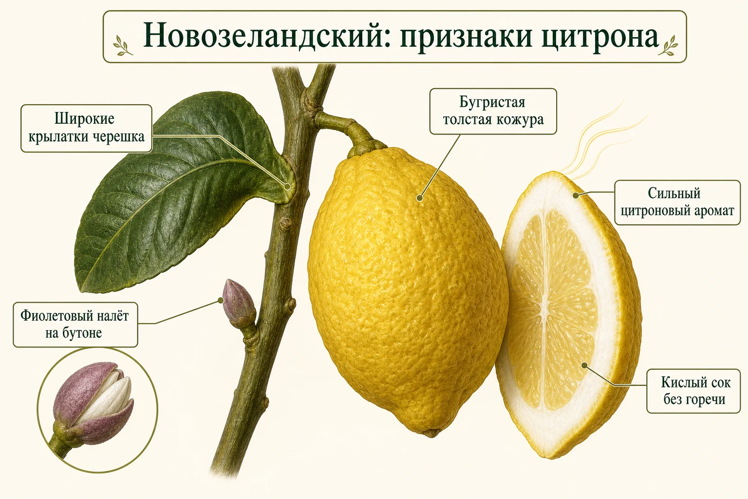 Признаки цитрона у Новозеландского лимона: бугристая толстая кожура, крылатый черешок и бутон с фиолетовым налётом.