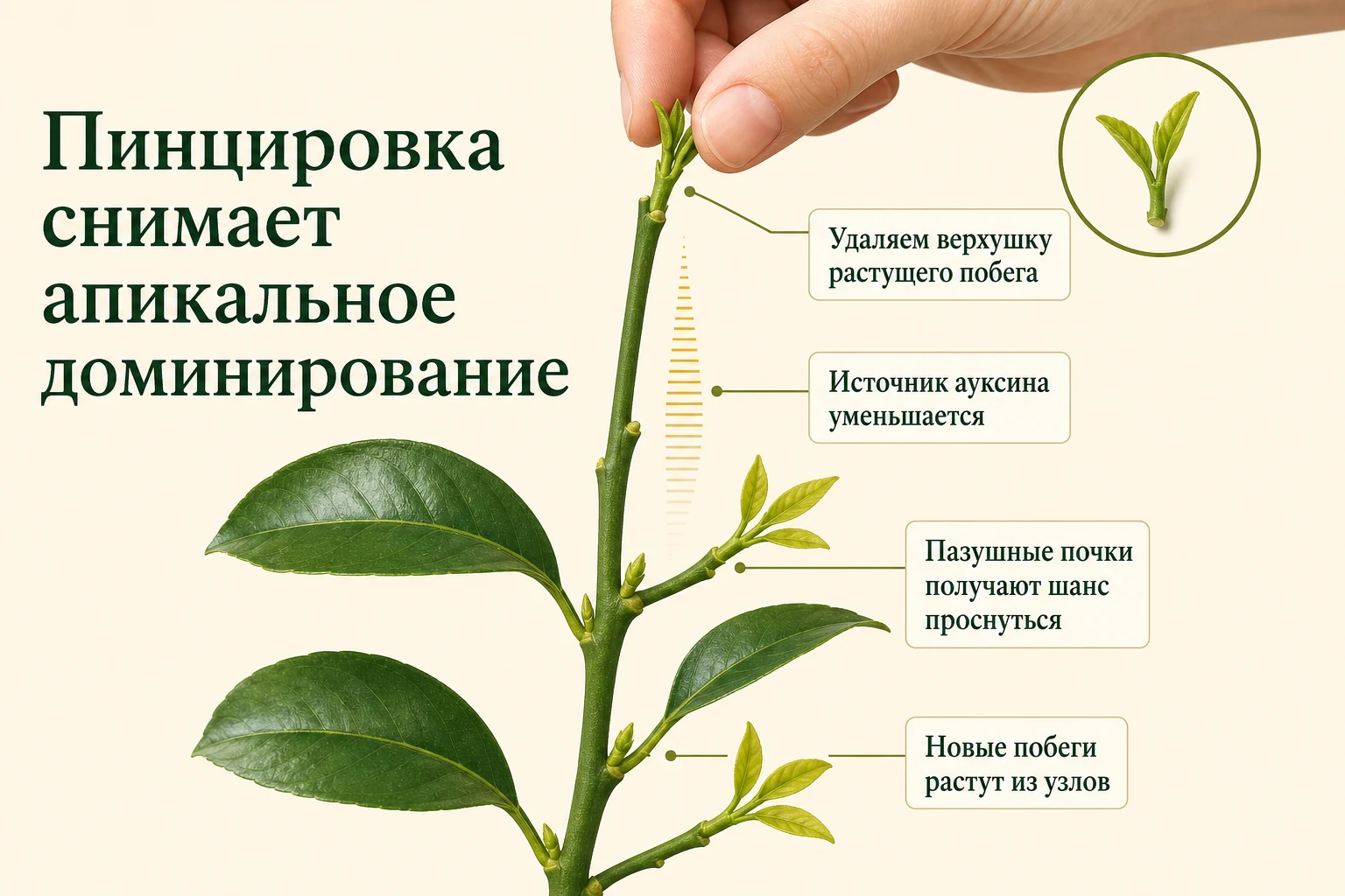 При удалении мягкой верхушки цитрусового побега пазушные почки в узлах начинают формировать боковые побеги.