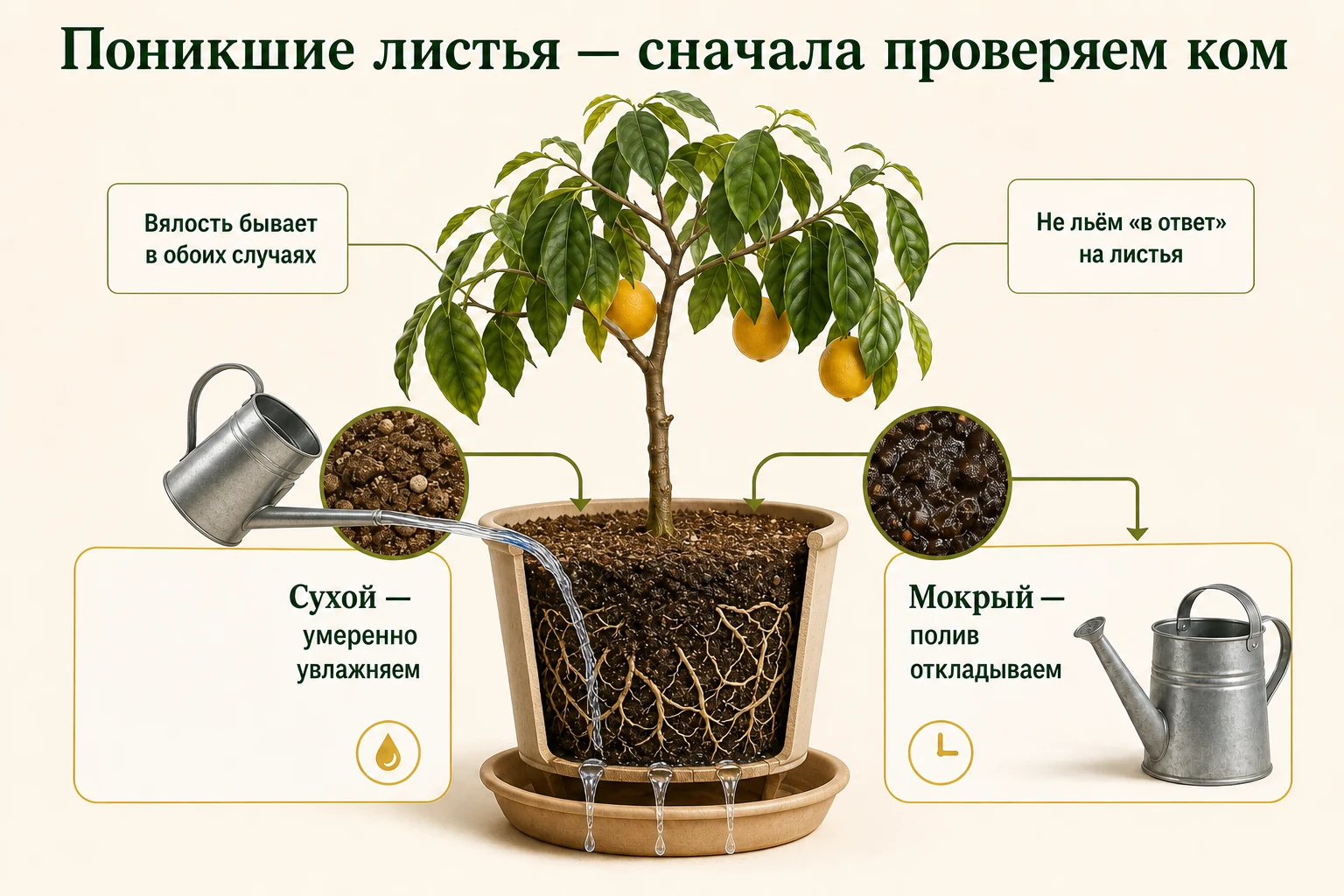 После переезда сначала проверяют корневой ком: сухой умеренно увлажняют, мокрый пока не поливают.