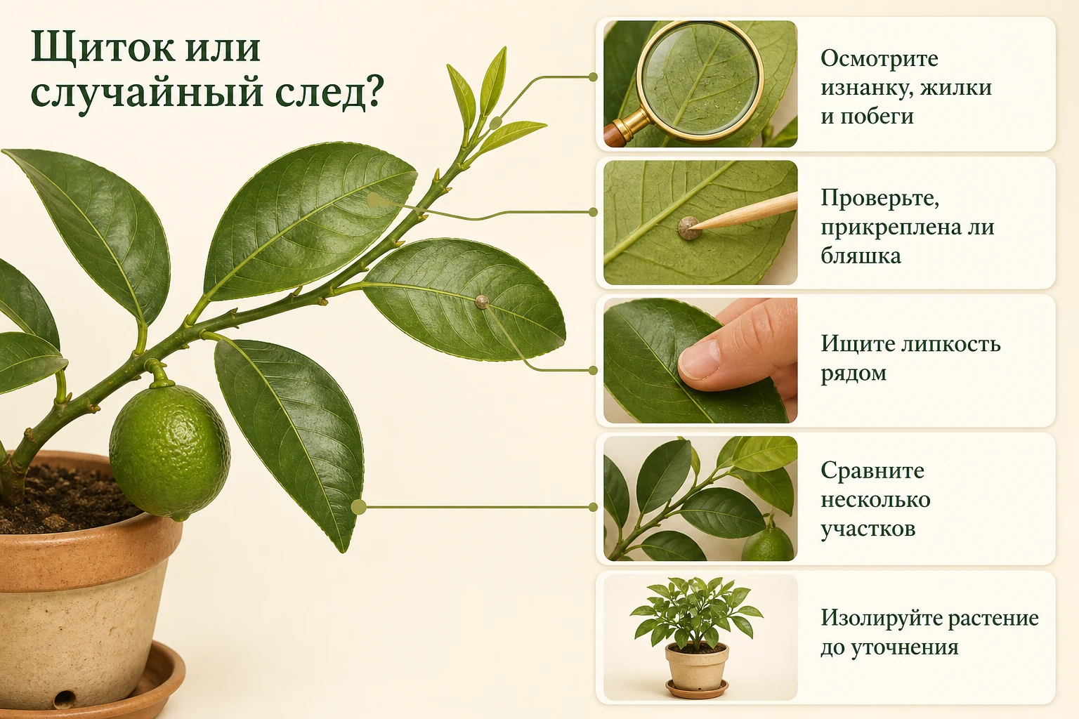 Маршрут проверки неподвижной бляшки на цитрусе: места осмотра, прикреплённость и липкость.