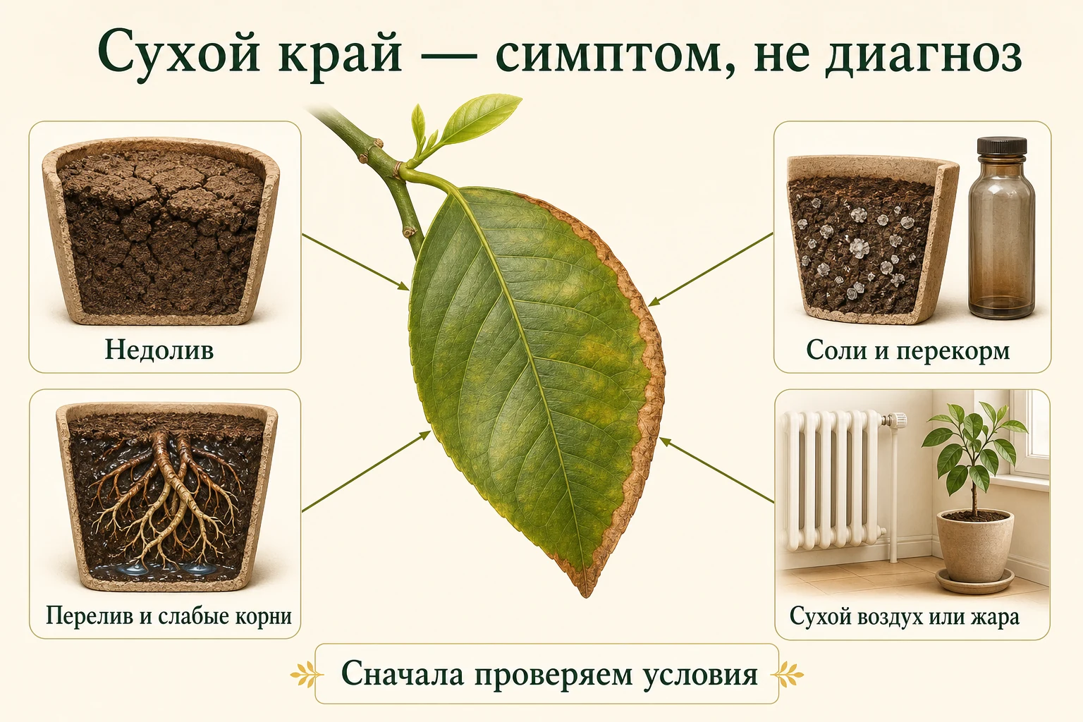 Недолив, перелив, соли и сухой жар могут давать одинаковый сухой край листа лимона.