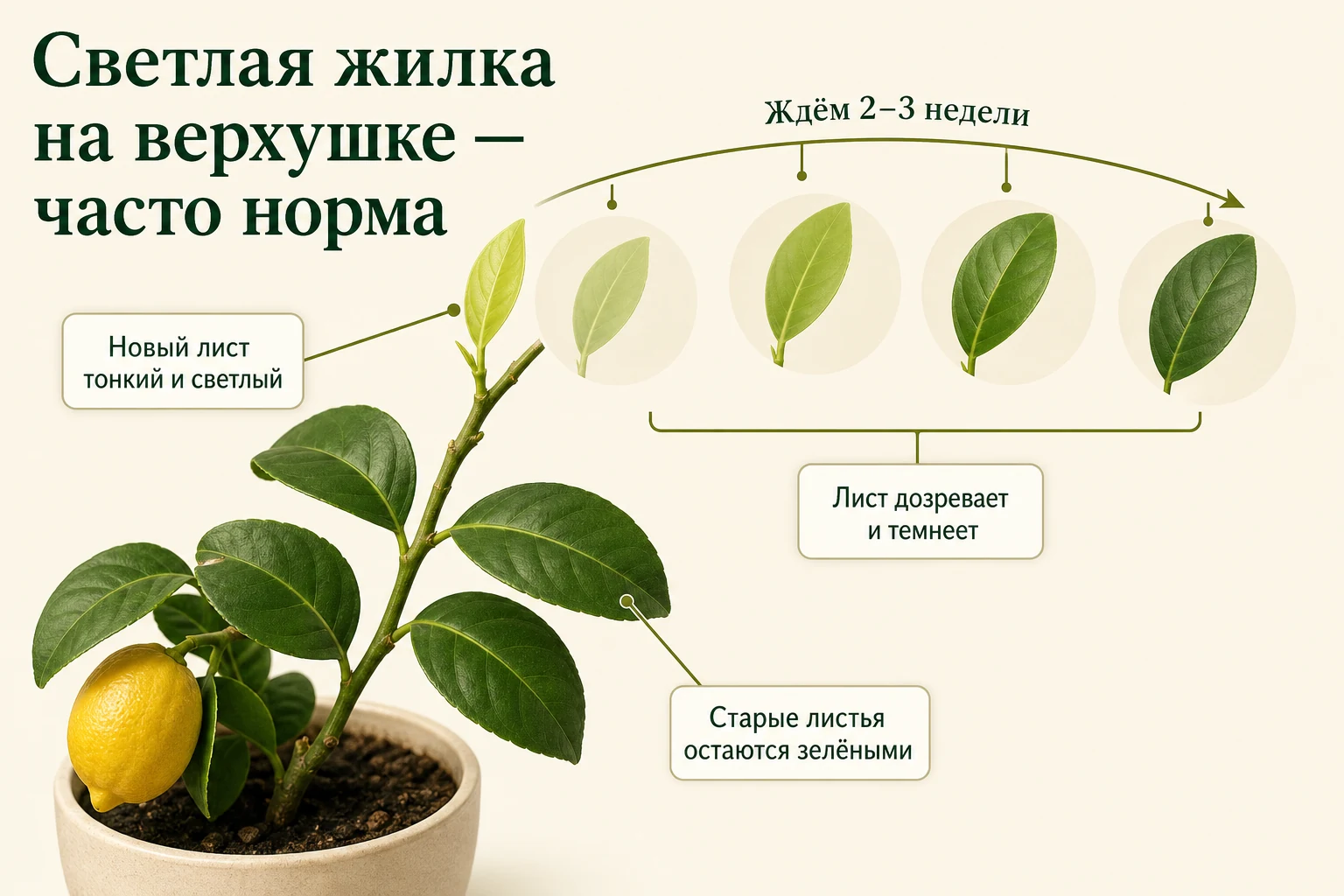Светлая центральная жилка молодого терминального листа часто исчезает по мере дозревания за две-три недели.