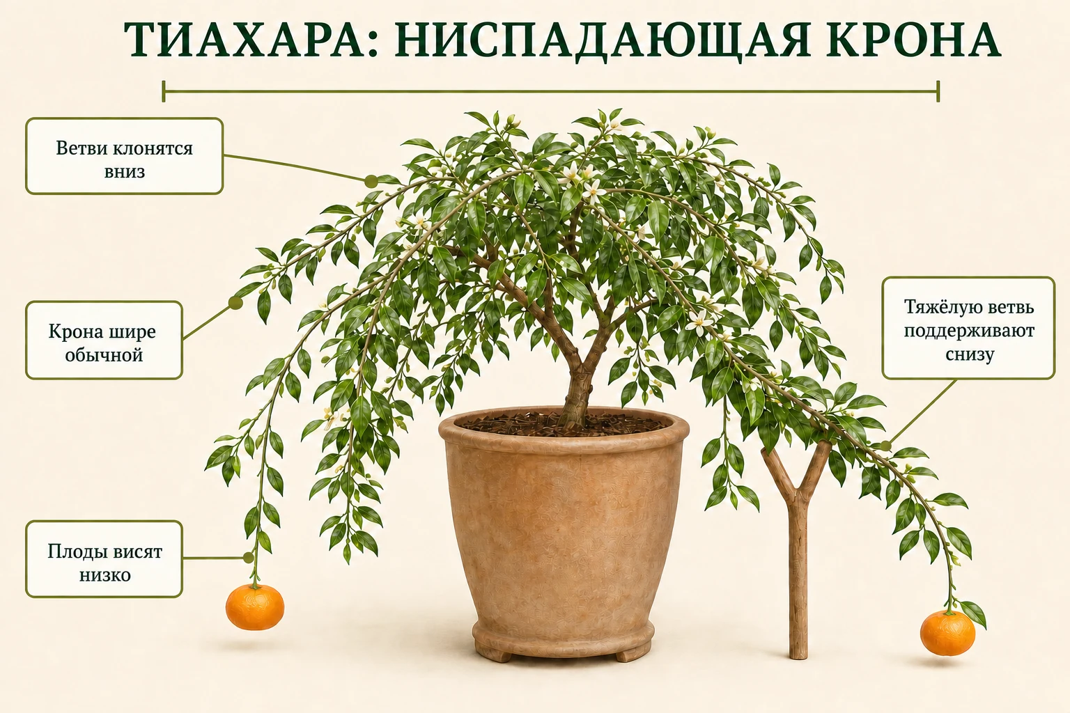 Мандарин Тиахара с широкой ниспадающей кроной и мягкой поддержкой тяжёлой плодоносящей ветви снизу.