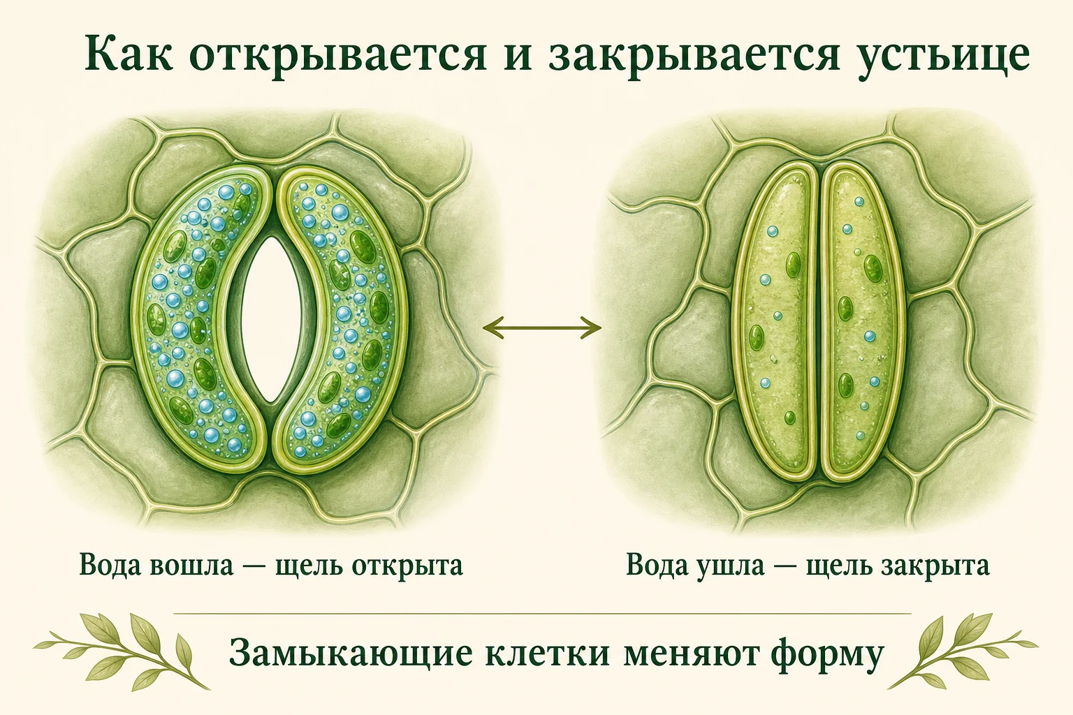 Замыкающие клетки устьица при поступлении воды изгибаются и открывают щель, а при потере воды закрывают её.