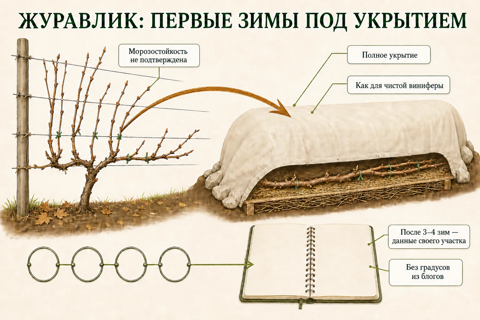 Лоза Журавлика, снятая со шпалеры и полностью укрытая на первые зимы, рядом с блокнотом наблюдений.