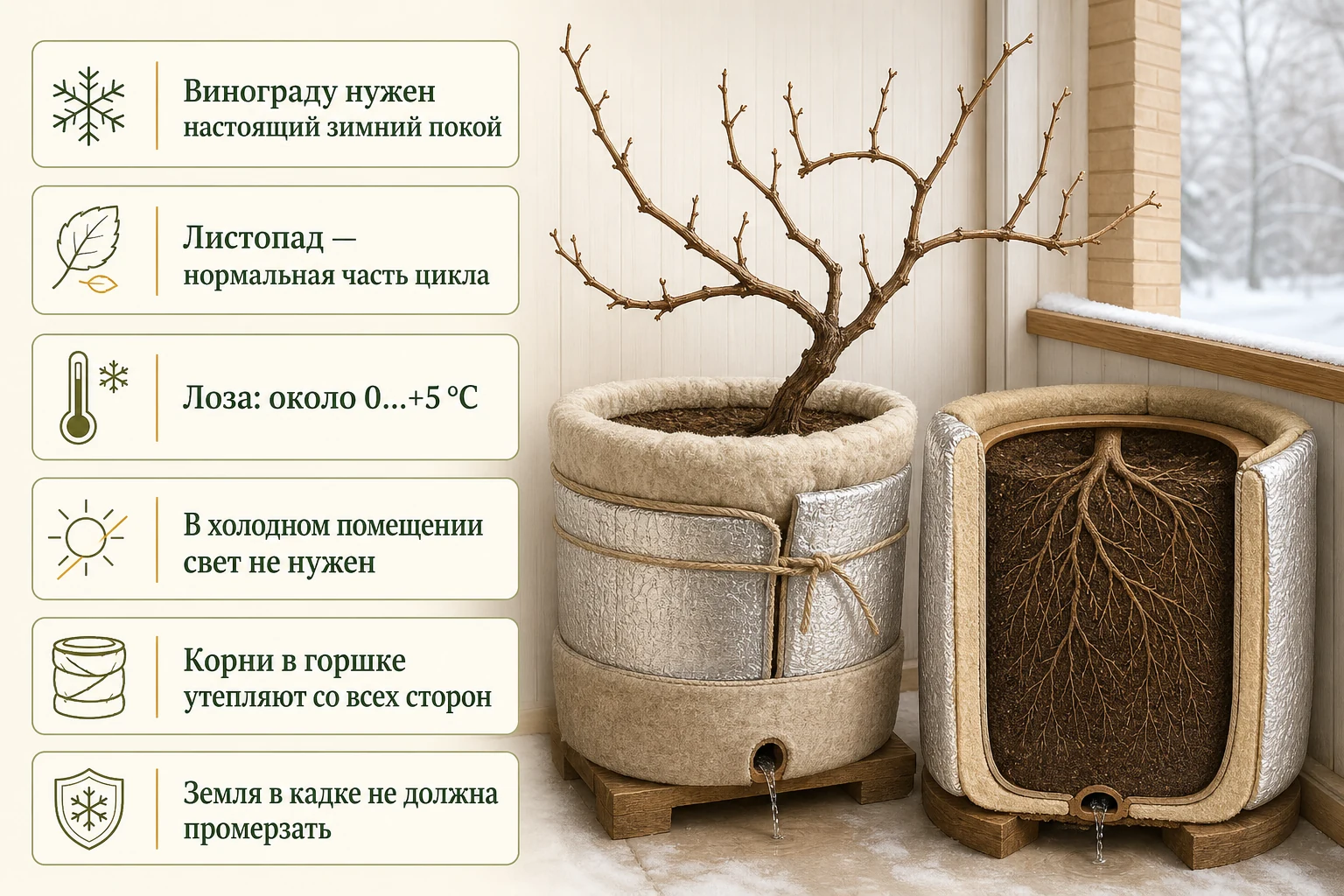 Безлистная лоза винограда на зимнем покое при 0…+5 °C и утеплённые корни контейнерного растения.