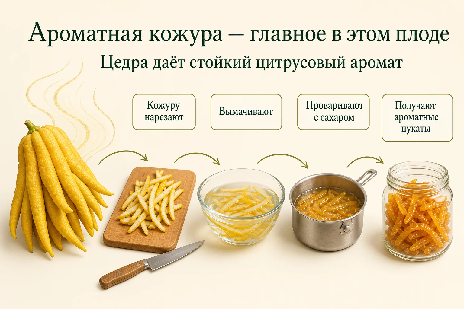 Плод цитрона Рука Будды и последовательность приготовления ароматных цукатов из его кожуры.