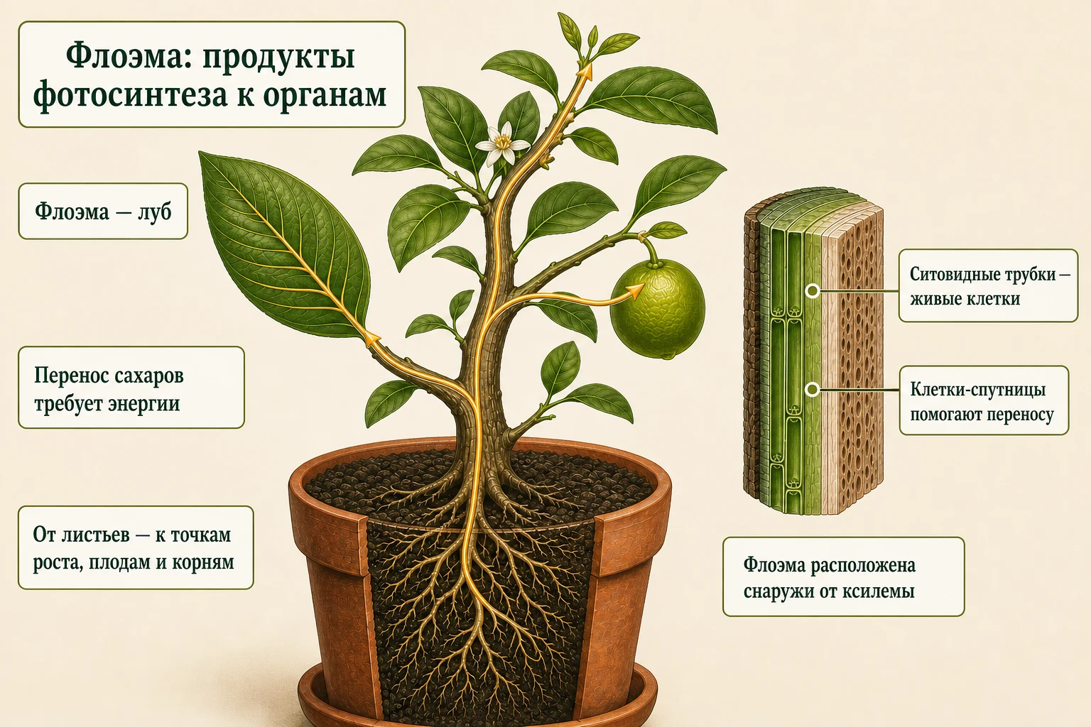 Продукты фотосинтеза идут от взрослого листа по наружной флоэме к верхушке роста, плоду и корням.