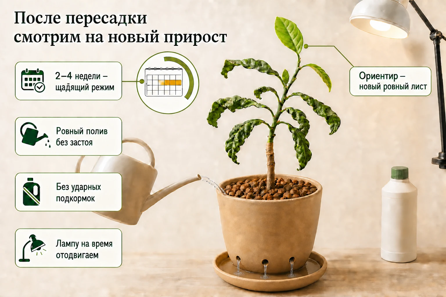 После пересадки грейпфруту дают 2–4 недели ровного полива без сильных подкормок и оценивают состояние по новому терминальному листу.