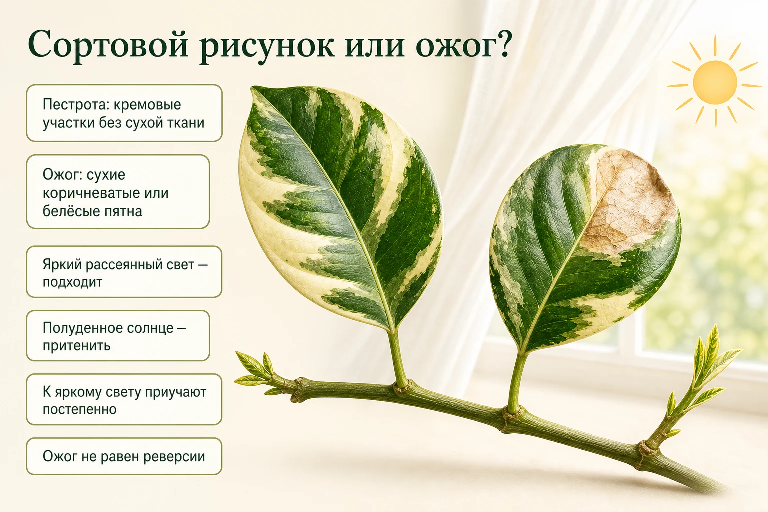 Здоровая природная пестролистность и локальный световой ожог на листьях вариегатного лайма Таити.
