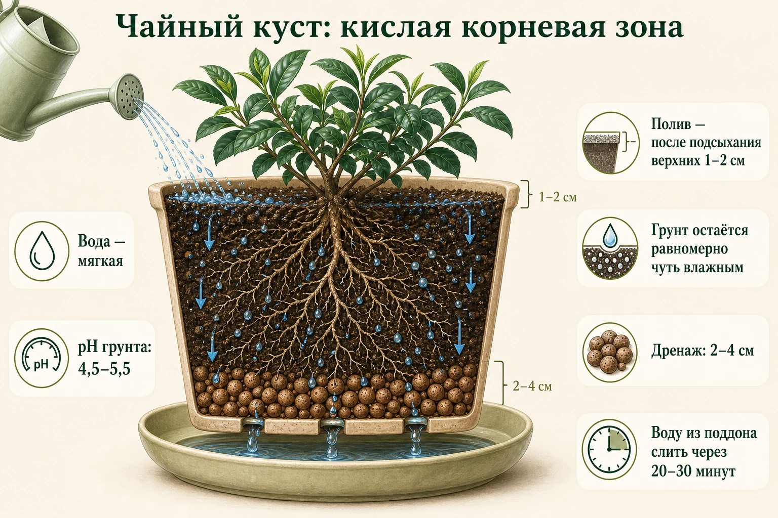 Корневая зона чайного куста: кислый грунт pH 4,5–5,5, мягкая вода и дренаж через нижние отверстия.