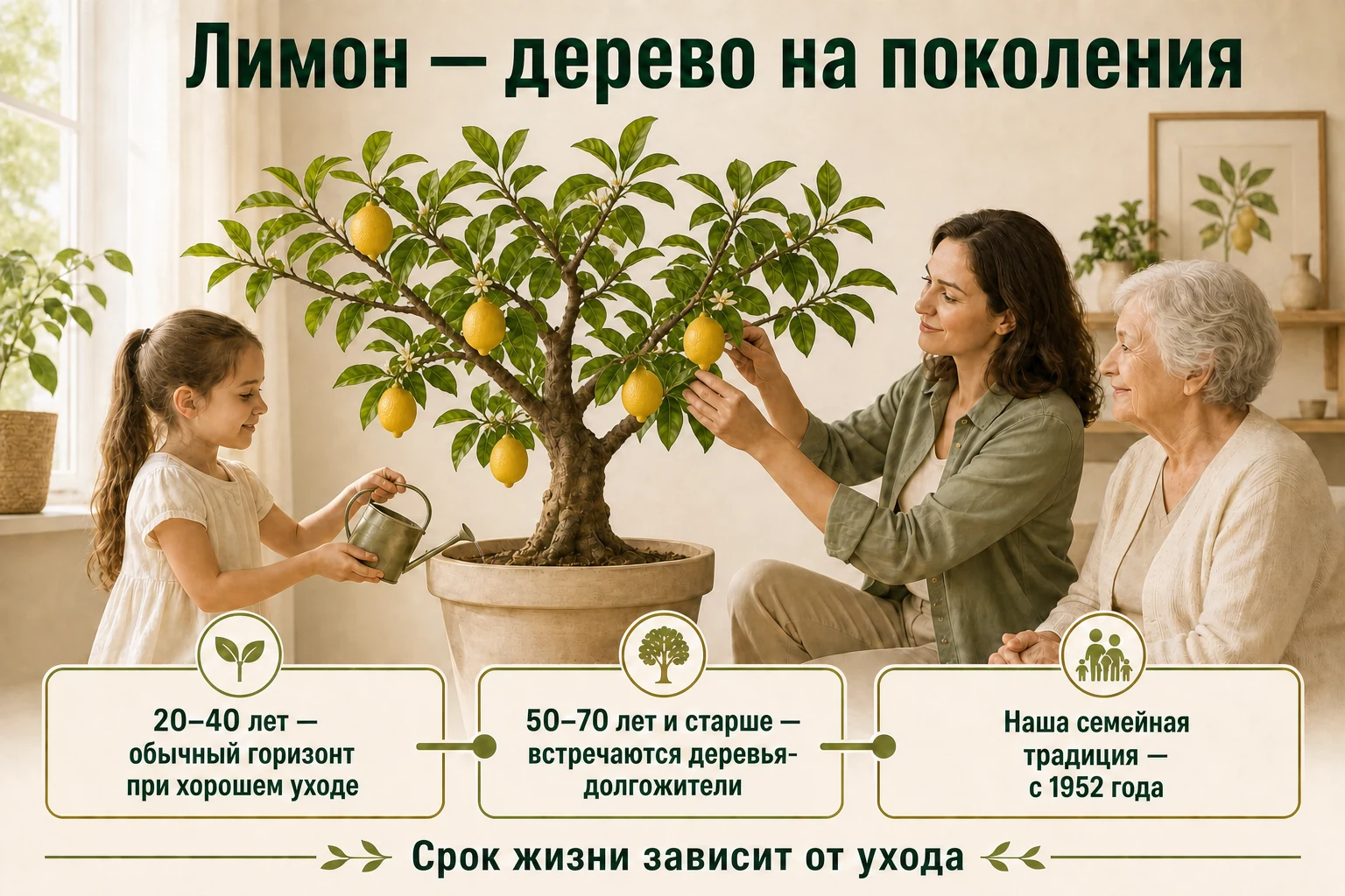 Комнатный лимон рядом с тремя поколениями семьи; ориентиры жизни дерева — десятилетия, а павловская семейная традиция питомника ведётся с 1952 года.