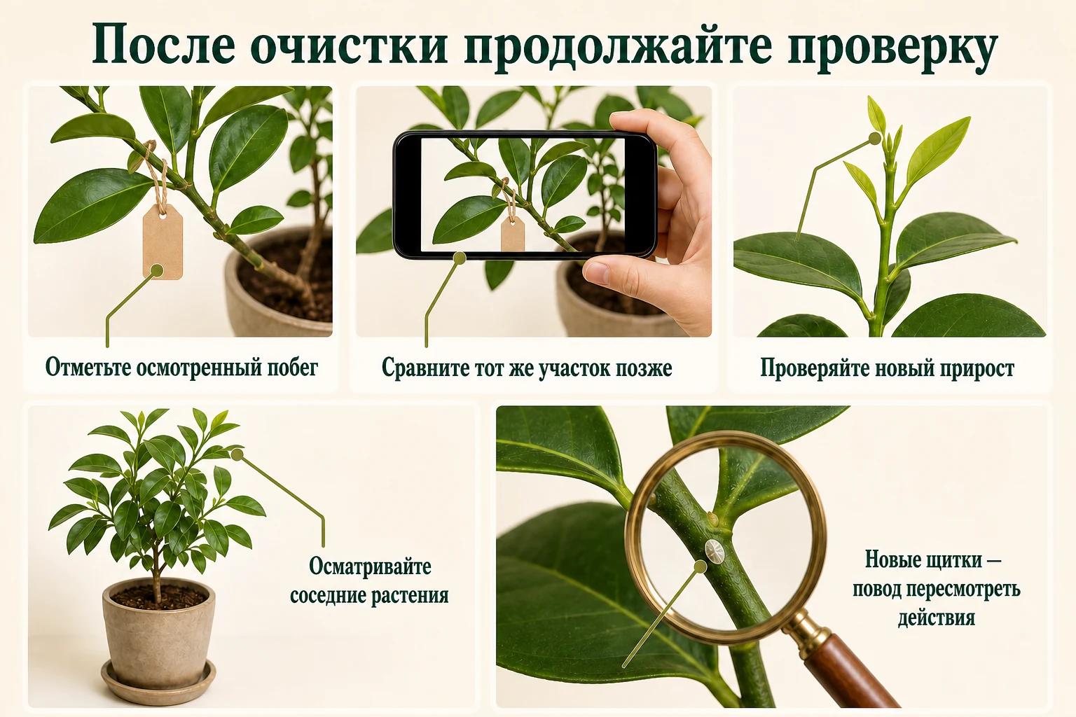 План наблюдения за тем же побегом и соседними растениями после удаления щитовок.
