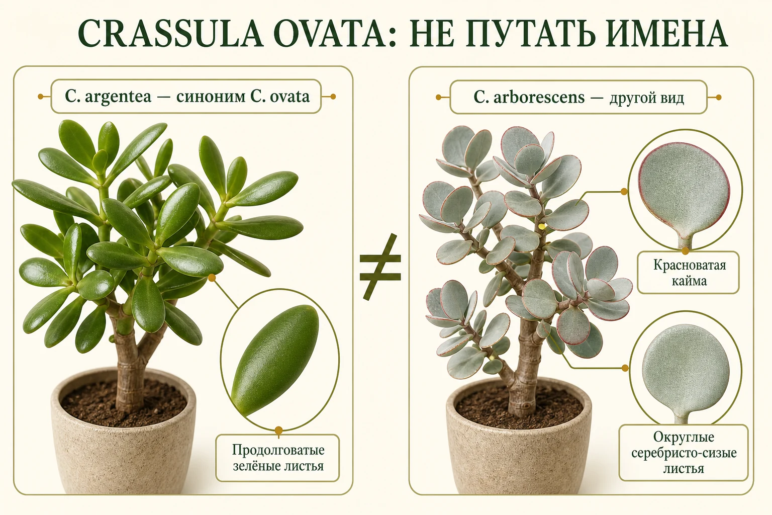 Сравнение продолговатых зелёных листьев Crassula ovata и округлых серебристых листьев C. arborescens.