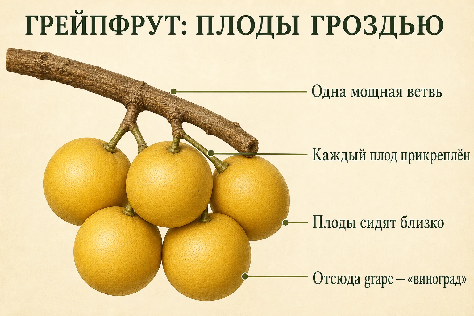 Пять грейпфрутов Дункан, близко прикреплённых к одной ветви и образующих гроздевидную группу.