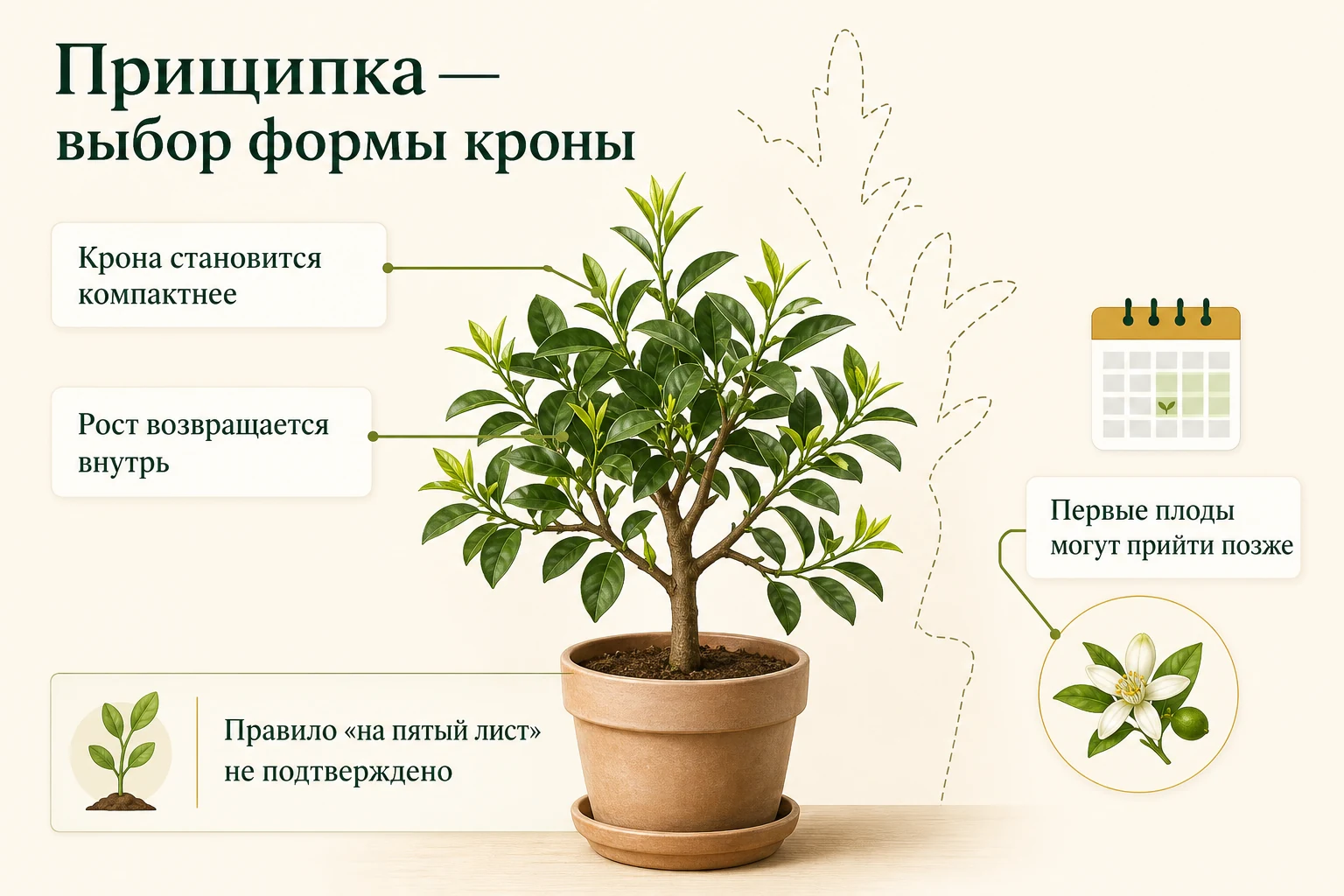 Прищипка помогает сделать комнатную крону компактнее, но первые плоды могут появиться позже.