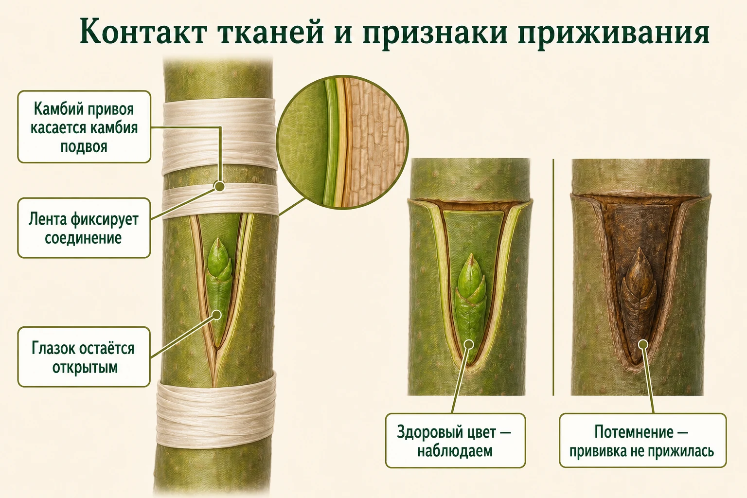 При окулировке камбий привоя должен касаться камбия подвоя, лента фиксирует соединение, но оставляет глазок открытым; здоровый цвет отличают от потемнения.