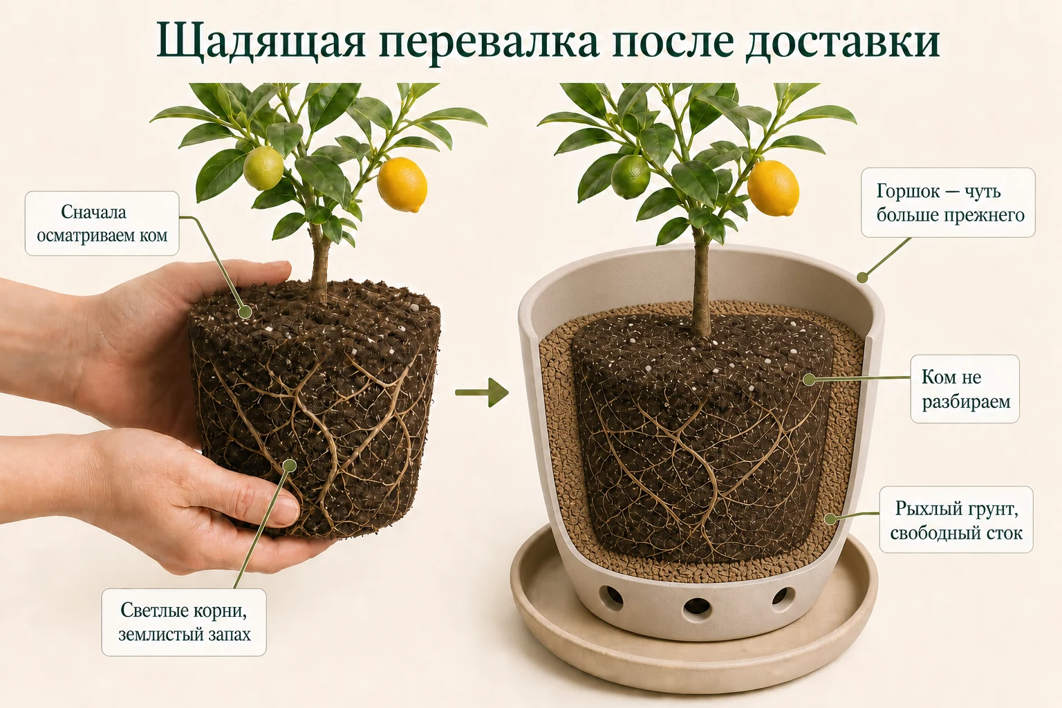 При щадящей перевалке после доставки цельный ком с живыми светлыми корнями помещают в лишь немного больший горшок с открытым стоком.