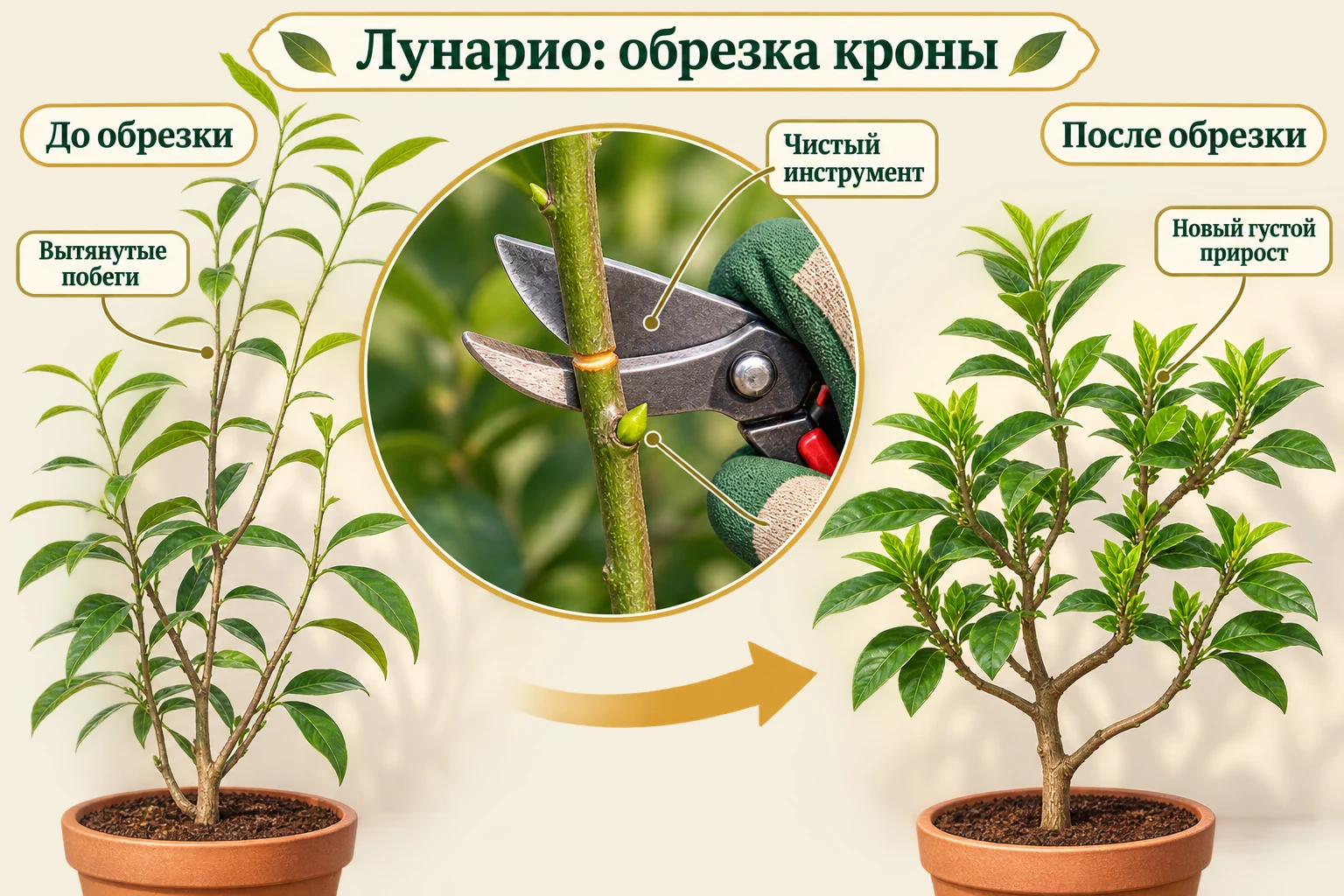 Схема обрезки вытянутого Лунарио и формирования нового более густого прироста.