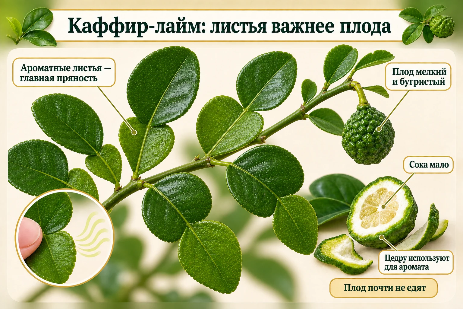 Ароматные листья-восьмёрки каффир-лайма и вторичный мелкий бугристый малосочный плод.
