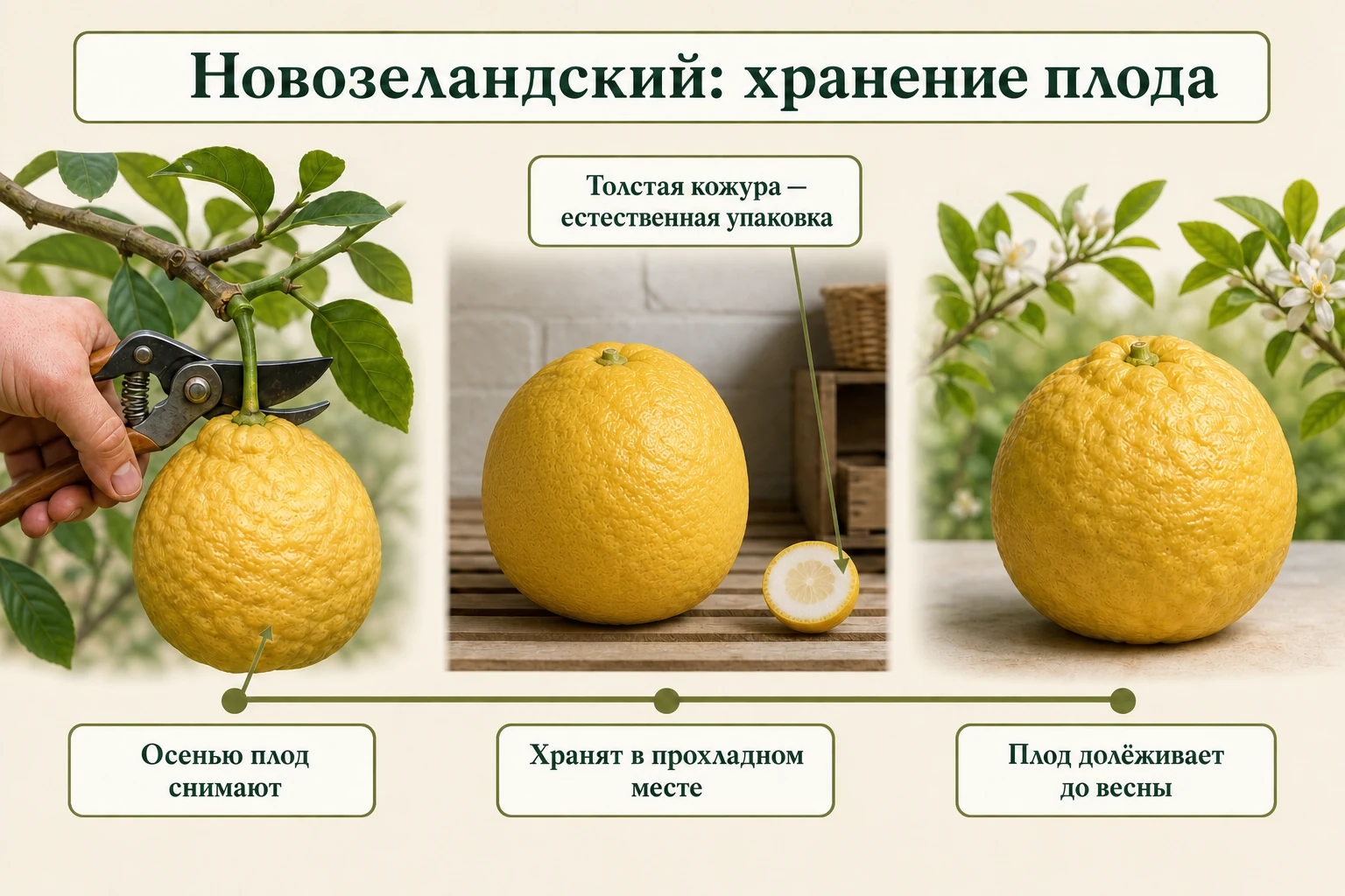 Схема хранения Новозеландского лимона: осенний съём, толстая кожура и прохладное место до весны.