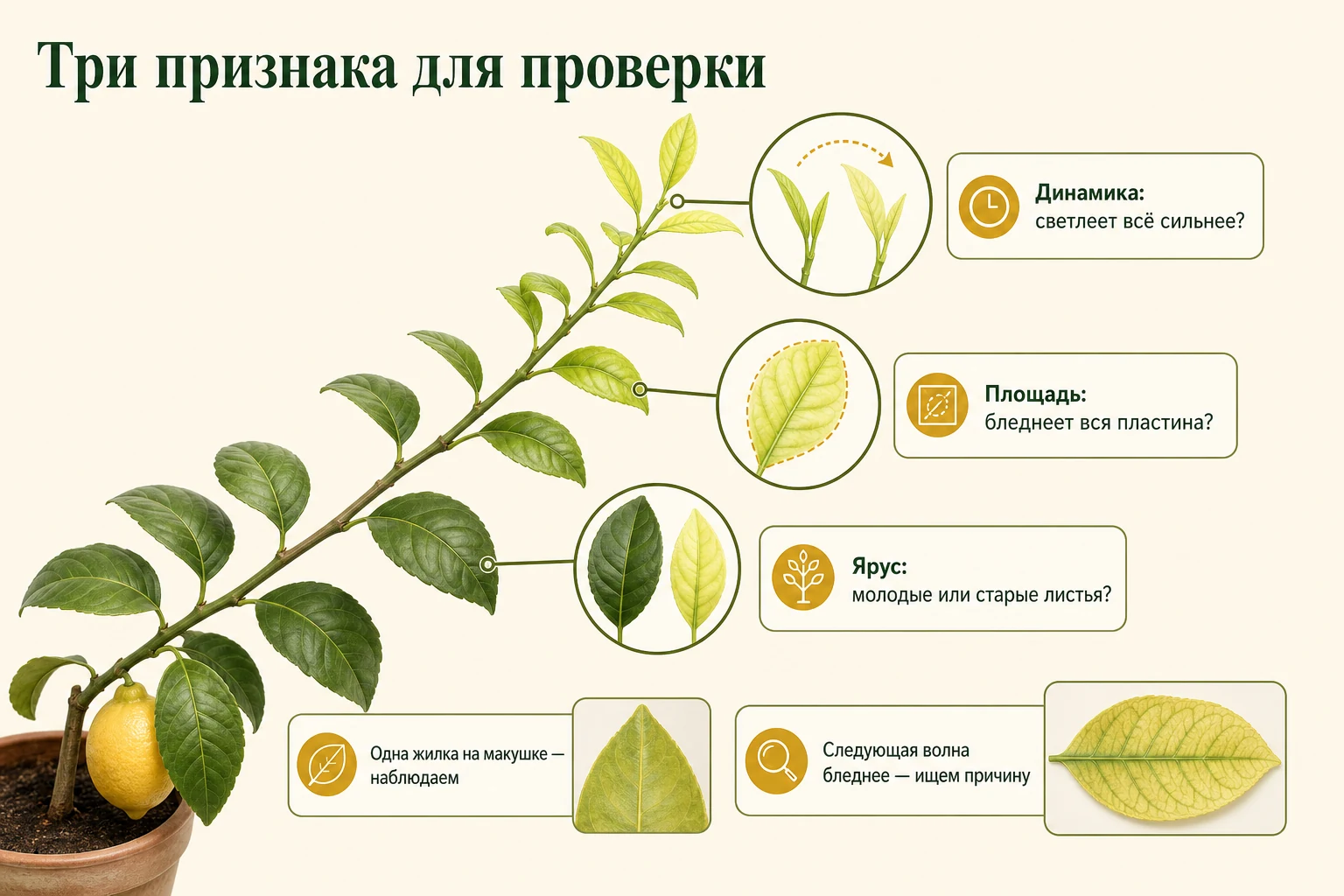 Норму и дефицит различают по нарастающей бледности, площади осветления и тому, молодые или старые листья страдают.