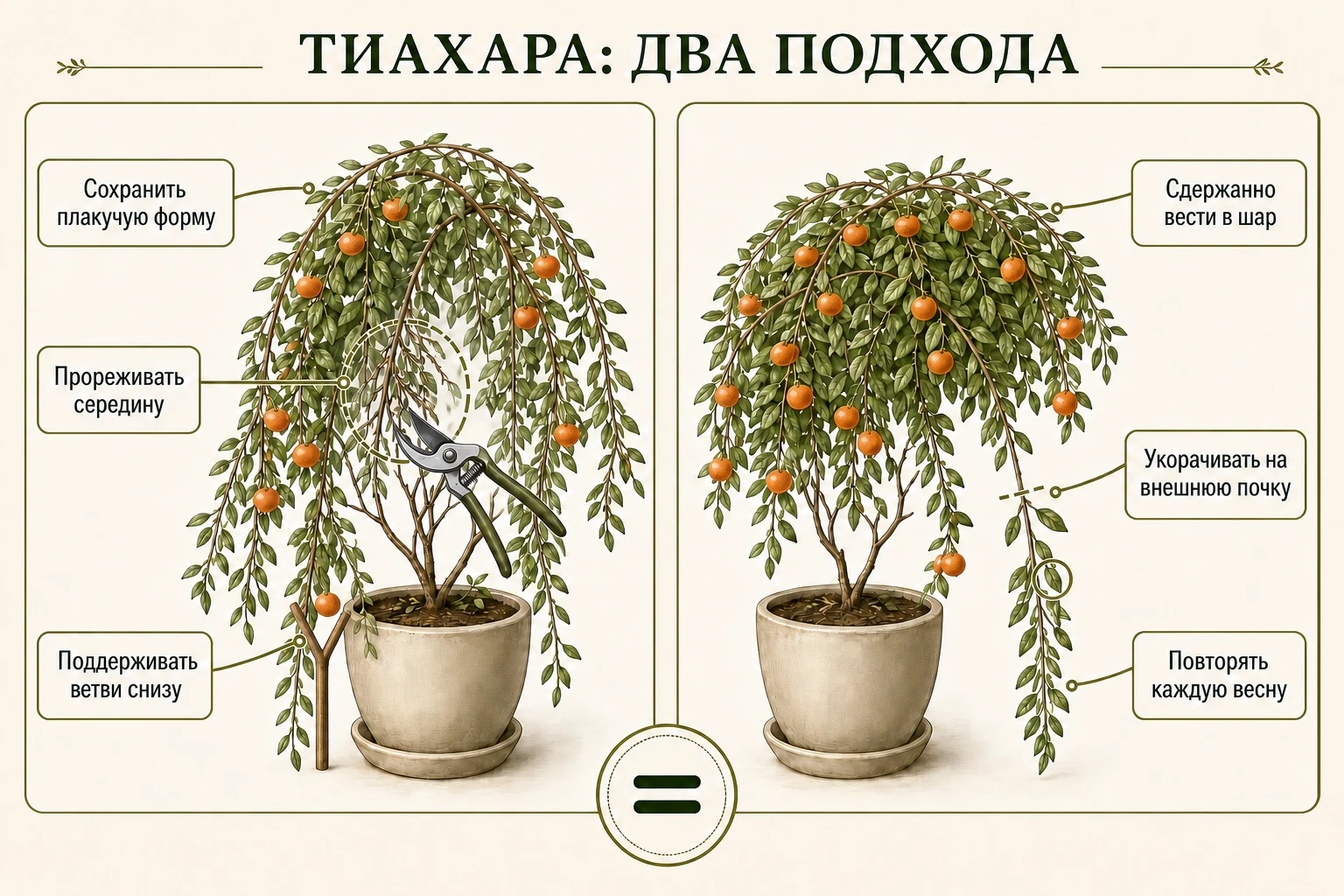 Два способа формировки Тиахары: сохранить плакучую крону прореживанием или ежегодно сдерживать её в шар.